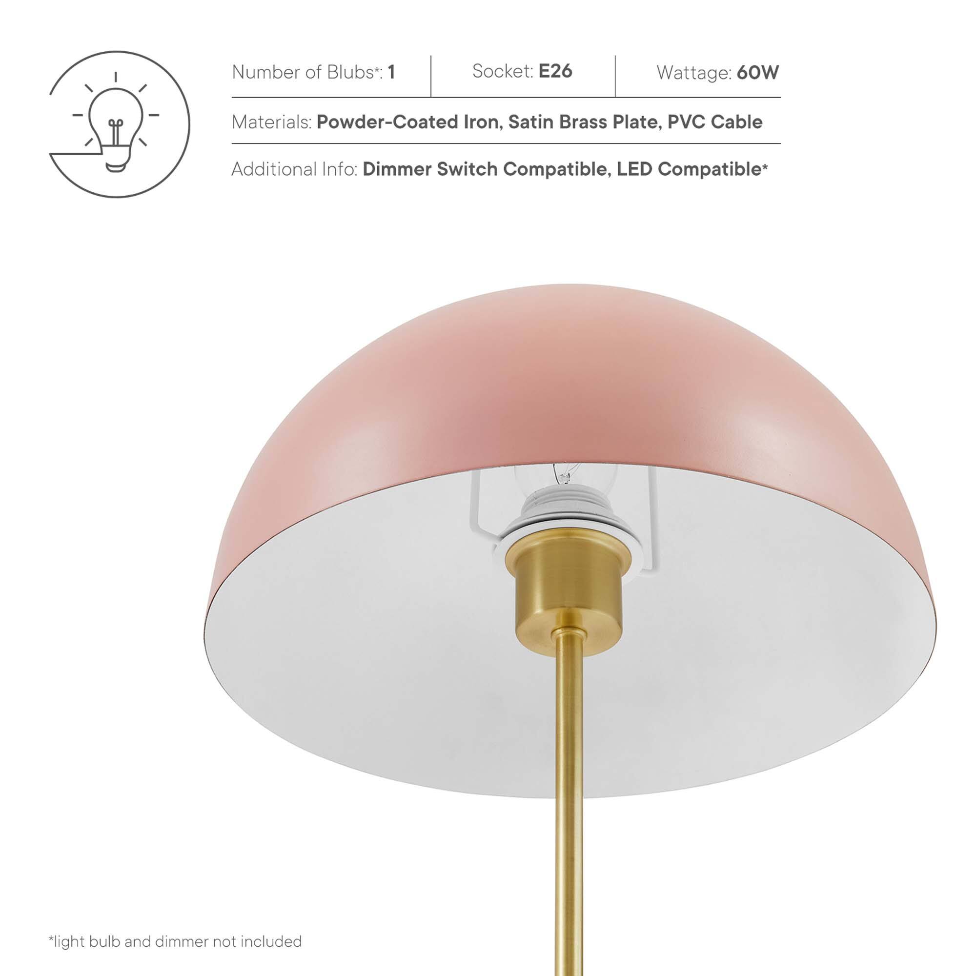 Number of Blubs*: 1  
Socket: E26  
Wattage: 60W  

Materials: Powder-Coated Iron, Satin Brass Plate, PVC Cable  

Additional Info: Dimmer Switch Compatible, LED Compatible*  

*light bulb and dimmer not included