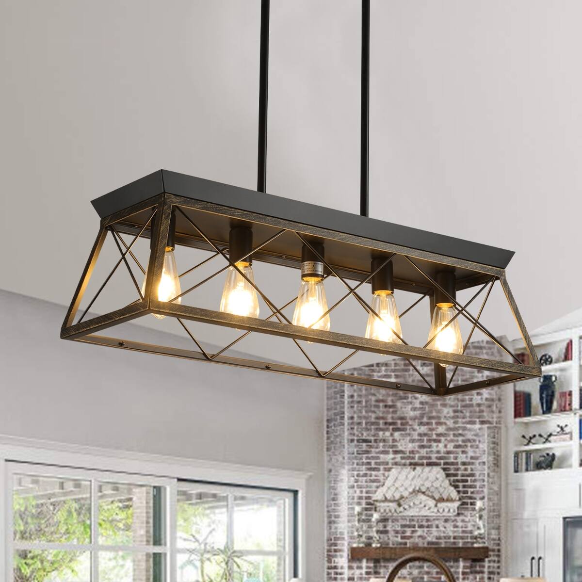Loheer 32 Inch Industrial Pendant Chandelier, Black Gold Metal Cage ...