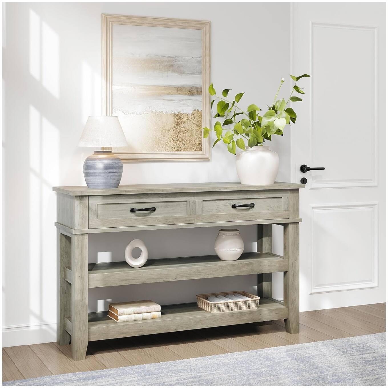 Back. GARVEE - Farmhouse Entryway Console Table – 3-Tier Wooden Sofa Table with 2 Storage Drawers for Hallway - Grey.