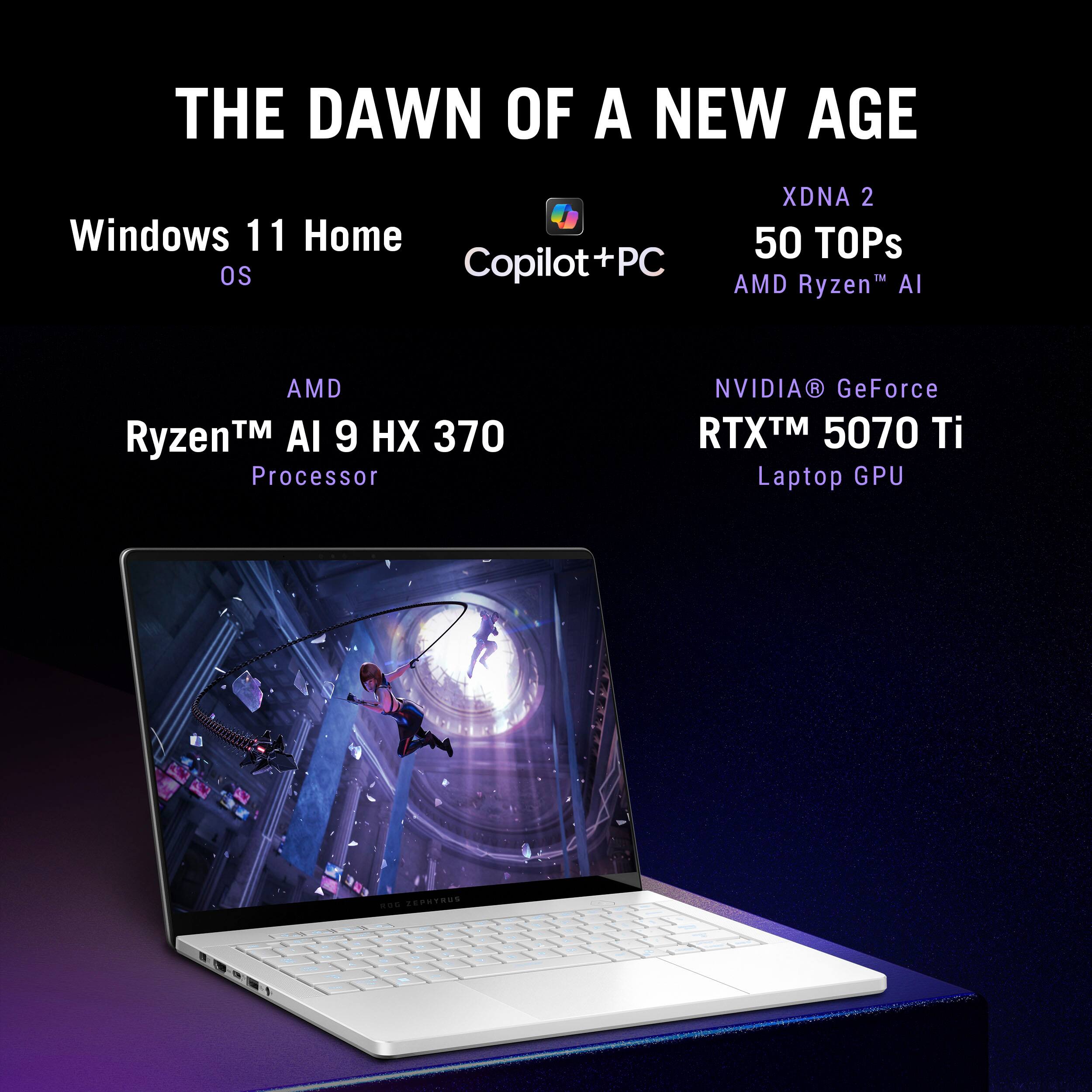 The Dawn of a New Age:

* Windows 11 Home
* 50 TOPs OS
* Copilot+PC
* AMD Ryzen AI 9 3700X Processor
* NVIDIA GeForce RTX 5070 Ti Laptop GPU