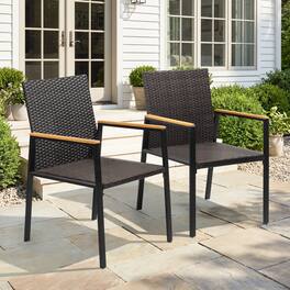 Nuu Garden - Patio Stackable Wicker Dining Chairs Set of 2, Acacia Wood Armrests - Brown and Black