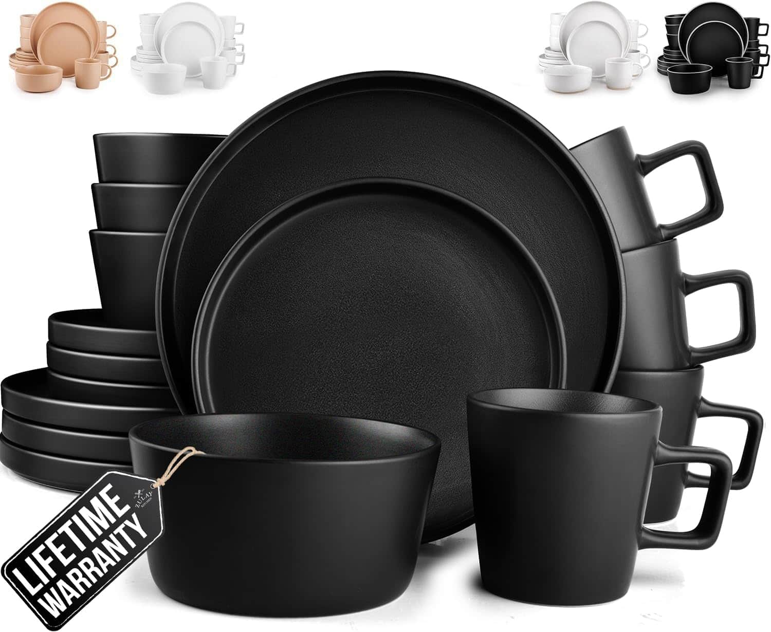 Zulay Kitchen - Terra Plates and Bowls Sets - 16 Piece Modern Stoneware Dish Set for 4 - Black