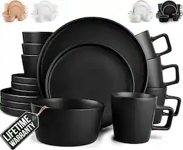Zulay Kitchen - Terra Plates and Bowls Sets - 16 Piece Modern Stoneware Dish Set for 4 - Black