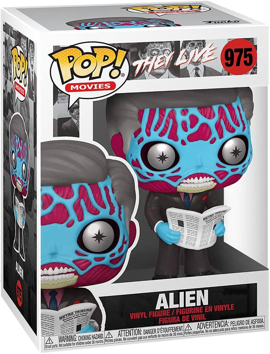 **Front:**
- POP! MOVIES
- THEY LIVE
- 975
- ALIEN

**Side:**
- POP! MOVIES
- ALIEN

**Bottom:**
- VINYL FIGURE / FIGURINE EN VINYLE / FIGURA DE VINIL
- WARNING: CHOKING HAZARD. Small parts. Not suitable for children under 36 months.
- ATTENTION: DANGER D'ÉTOUFFEMENT. Petites pièces. Ne convient pas aux enfants de moins de 36 mois.
- ADVERTENCIA: PEORO DE ASFIXIA. Partes pequeñas. No es adecuado para niños menores de 36 meses.