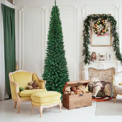 Front. Gymax - Gymax 9' PVC Artificial Christmas Tree Holiday Decor Slim Pencil Tree Metal Stand - Green.