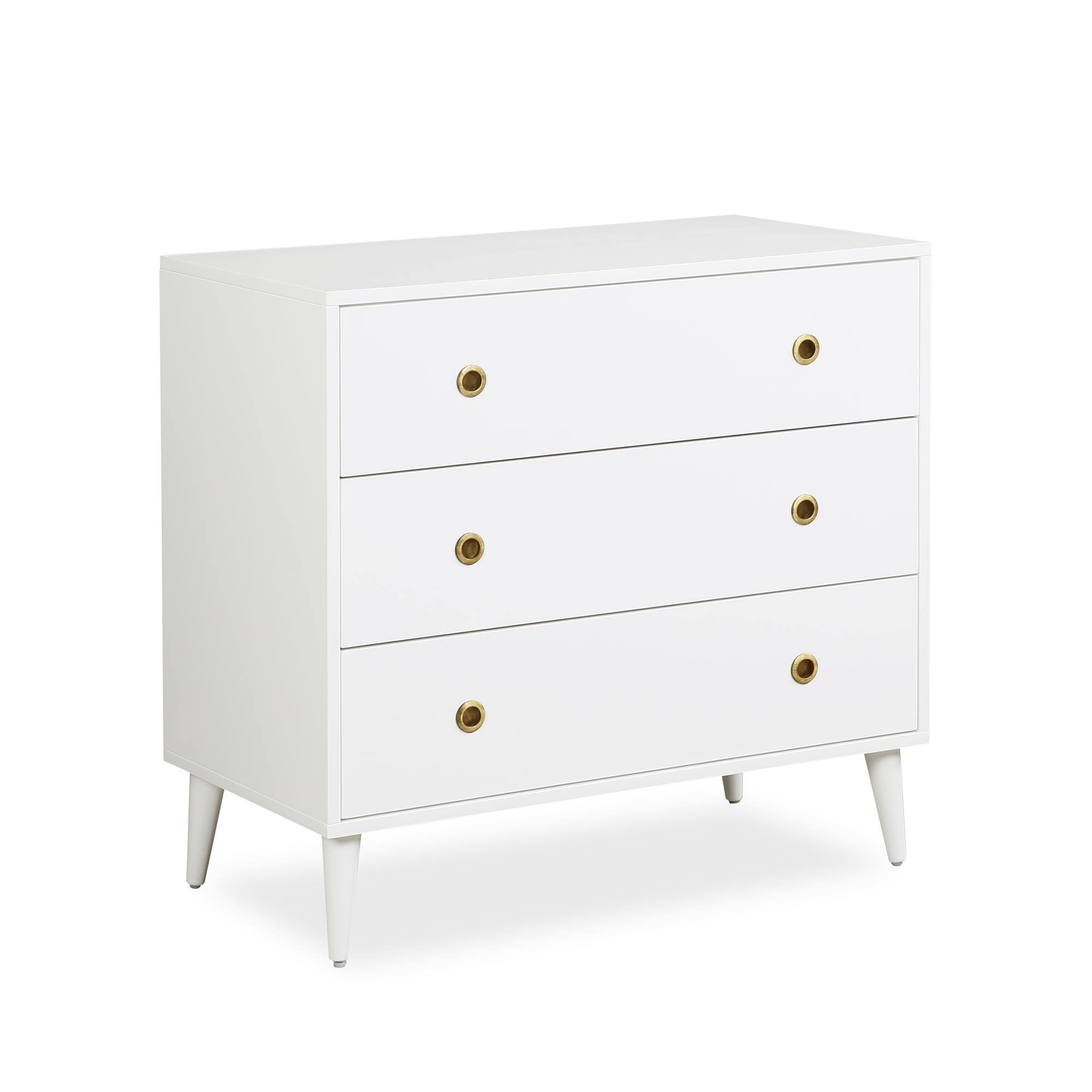 Back. Aukfa - Mid-Century Modern 3-Drawer Dresser - Solid Pine Wood, Gold Pulls, 35.5"W x 33.5"H, 30lb Top/15lb Drawer Weight Capacity - White.