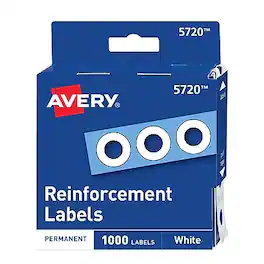 Avery - Self-Adhesive Plastic Reinforcement Labels in Dispenser, 1/4" Diameter, 1000/Pack - Matte White