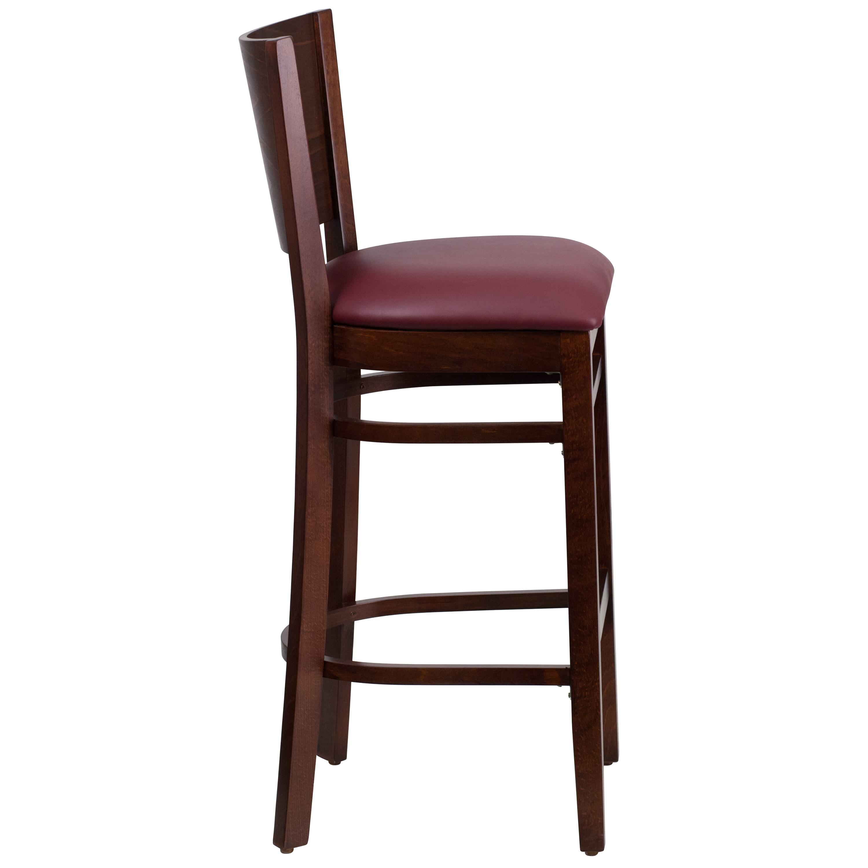 Alt View 3. Emma + Oliver - Solid Back Wooden Restaurant Dining Barstool - Burgundy Vinyl Seat/Walnut Wood Frame.