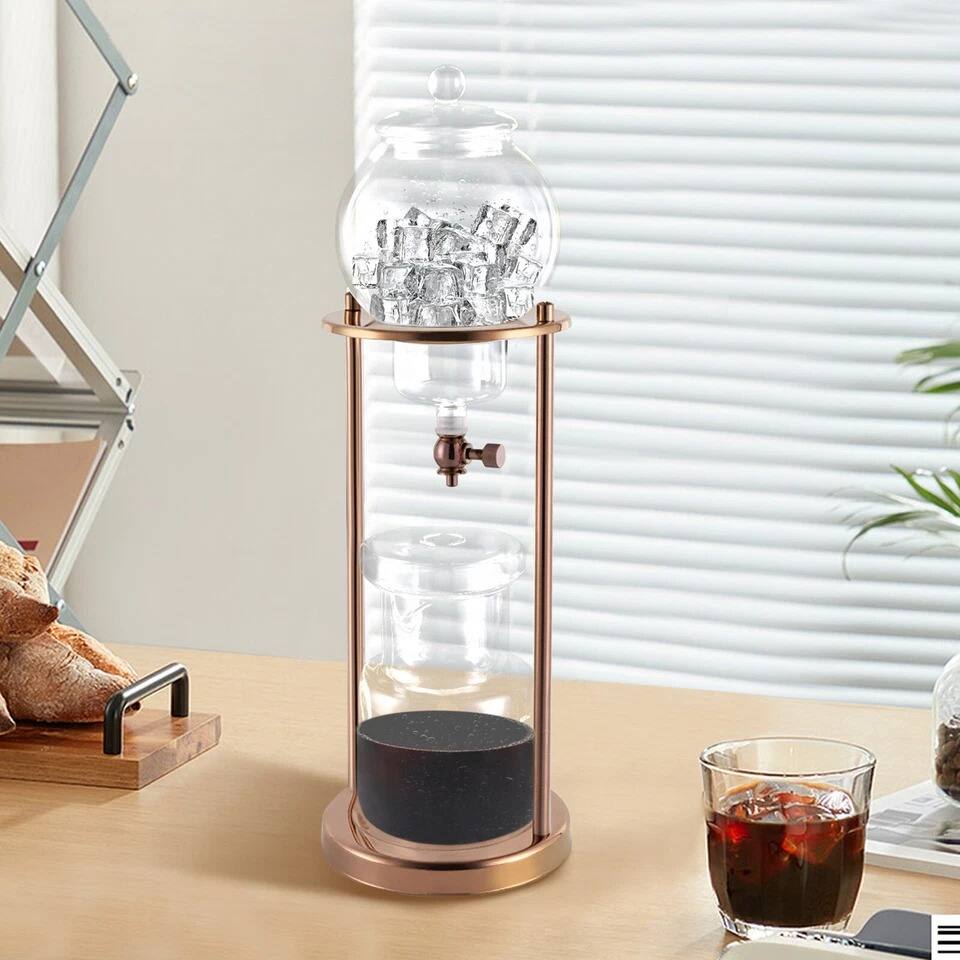 Left. Home Collection - 600ml Cold Brew Coffee Drip Tower with Stainless Steel Stand, Gold Finish - Clear Glass, Gold Stand.