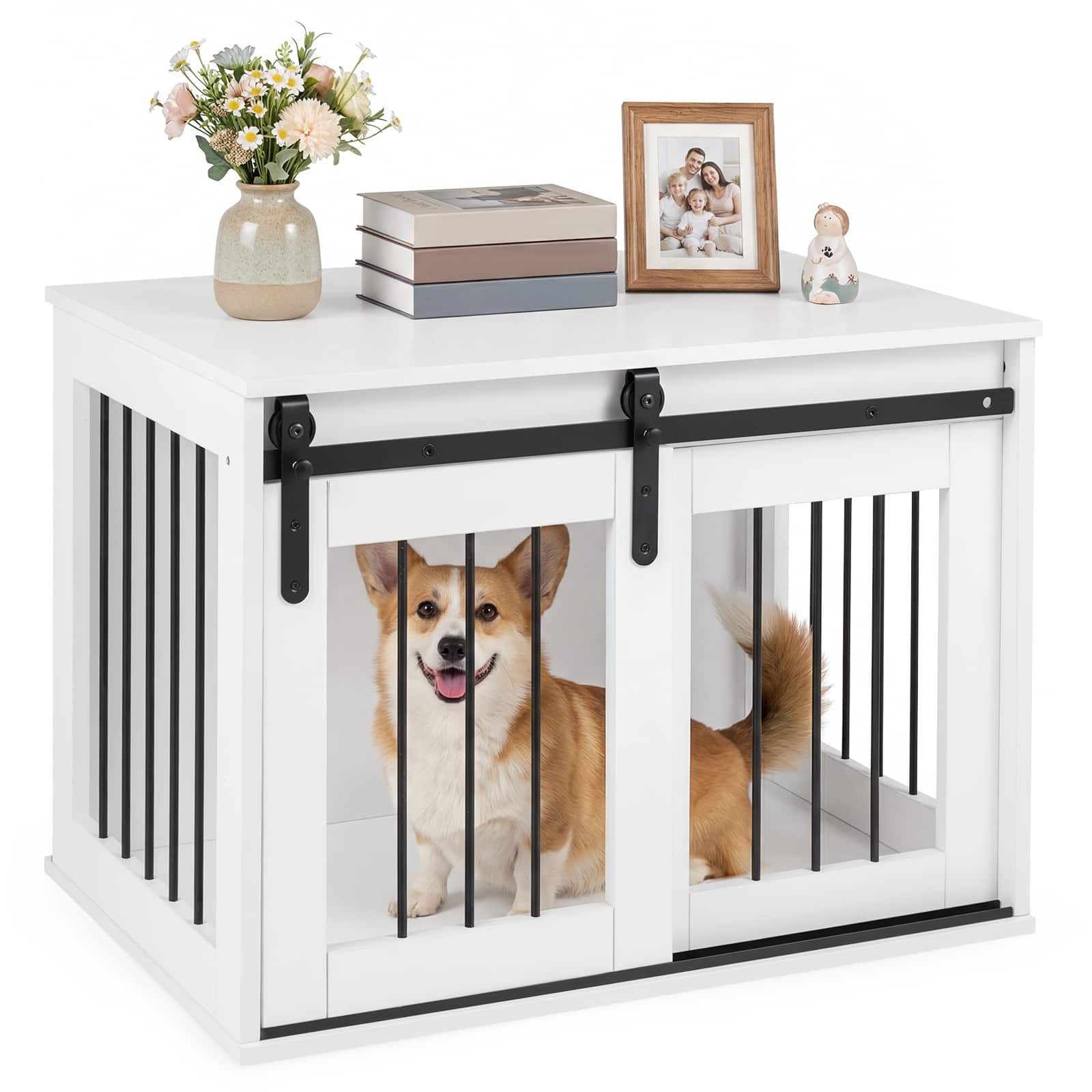 Gymax - Dog Crate Furniture 31.5'' Heavy Duty Dog Kennel w/Sliding Barn Door Metal Frame White