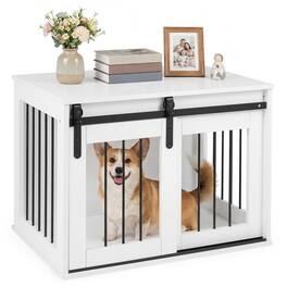 Gymax - Dog Crate Furniture 31.5'' Heavy Duty Dog Kennel w/Sliding Barn Door Metal Frame White