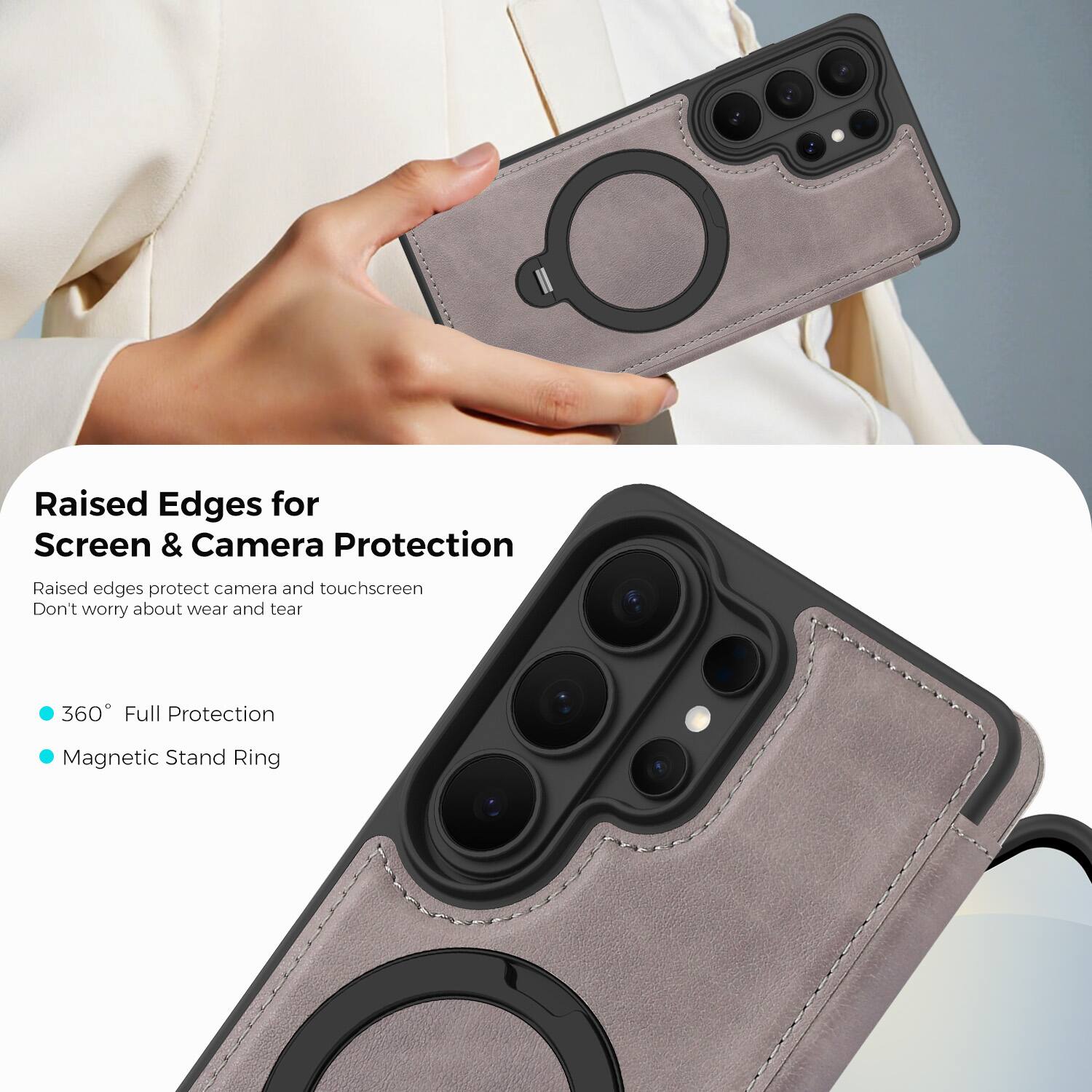Raised Edges for Screen & Camera Protection  
Raised edges protect camera and touchscreen  
Don't worry about wear and tear  

360° Full Protection  
Magnetic Stand Ring