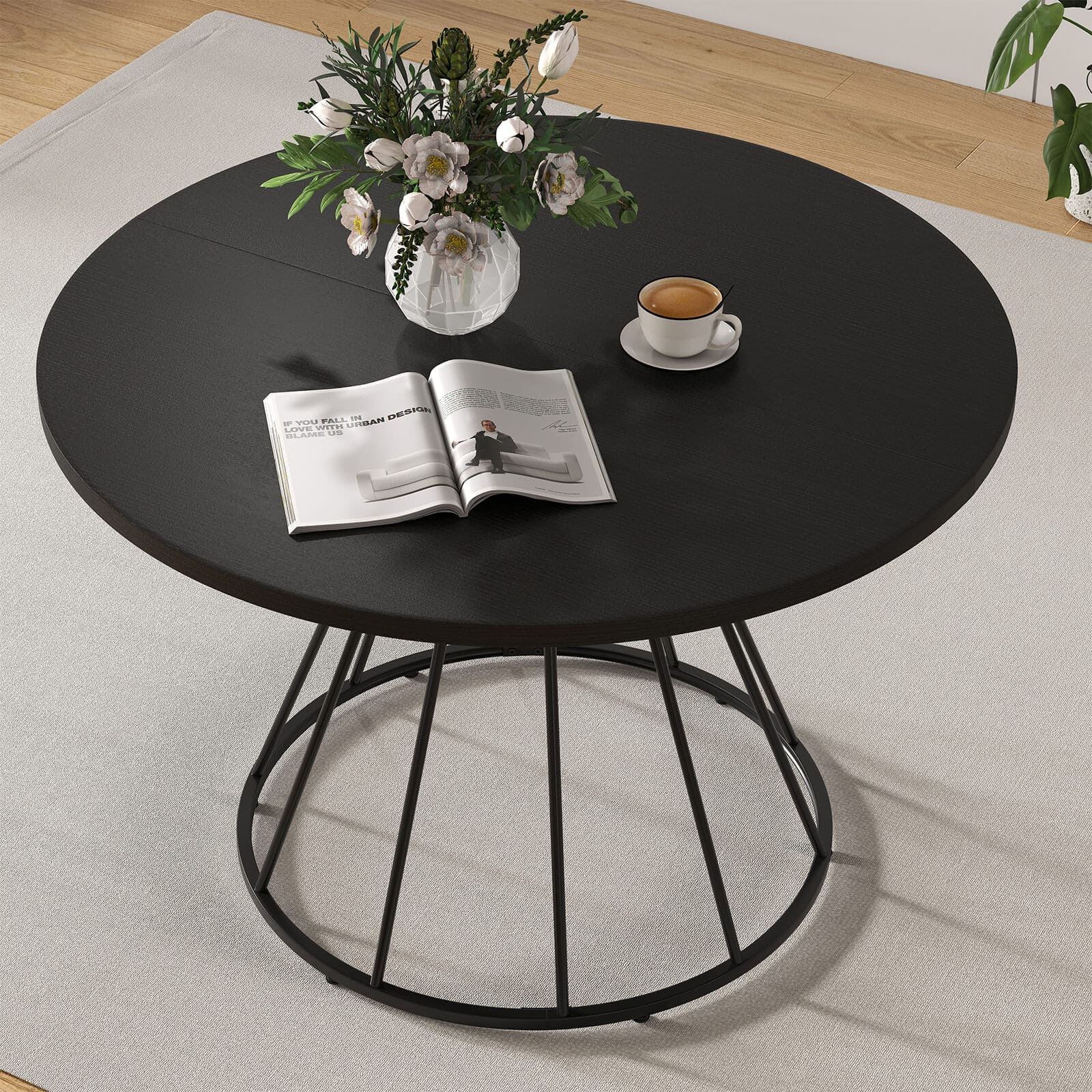 Costway - 47" Round Dining Table with Wooden Tabletop, Metal Base for Home Dining Room - Black
