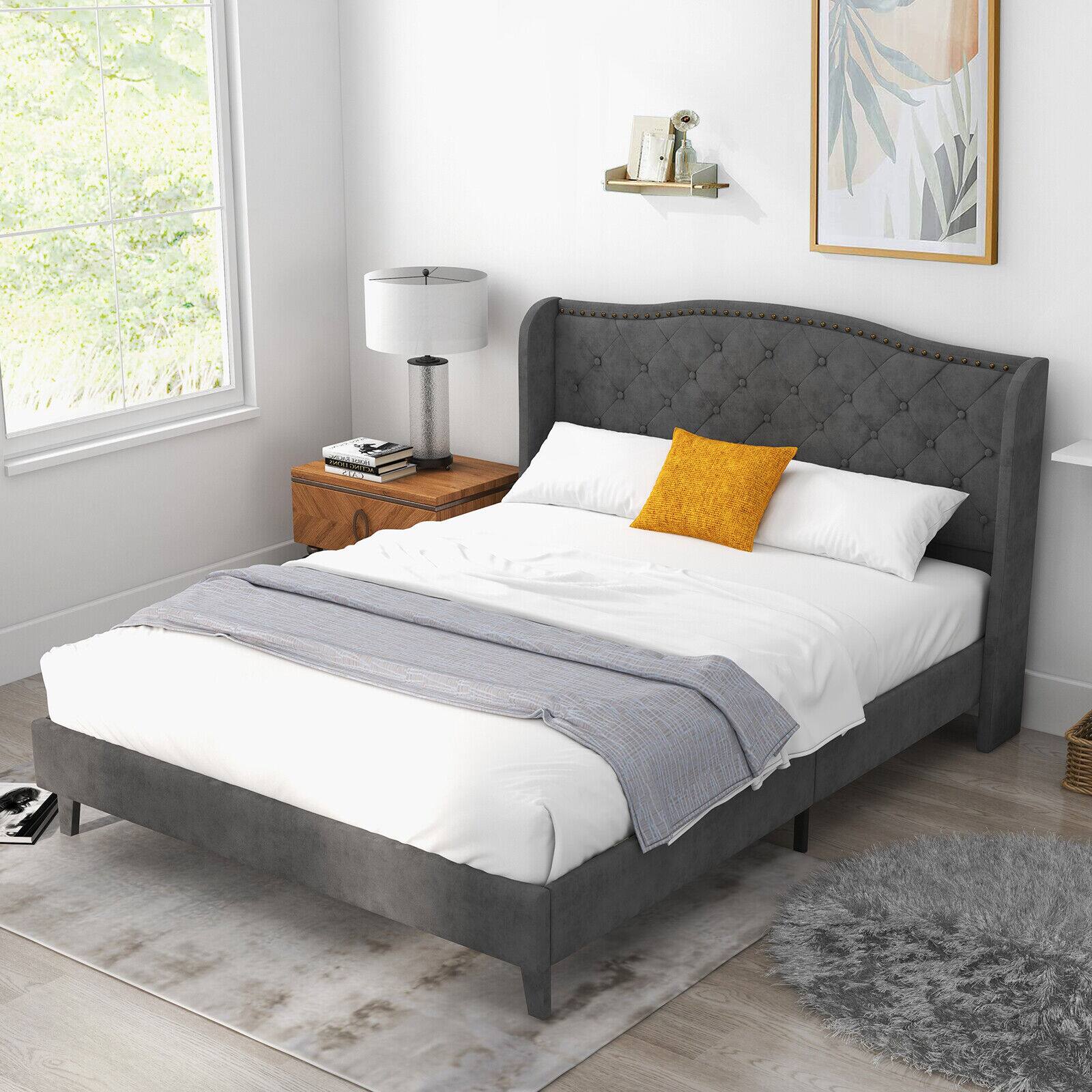 Alt View 6. Ecooso - Queen Size Upholstered Bed Frame with Button Tufted Headboard - Gray.
