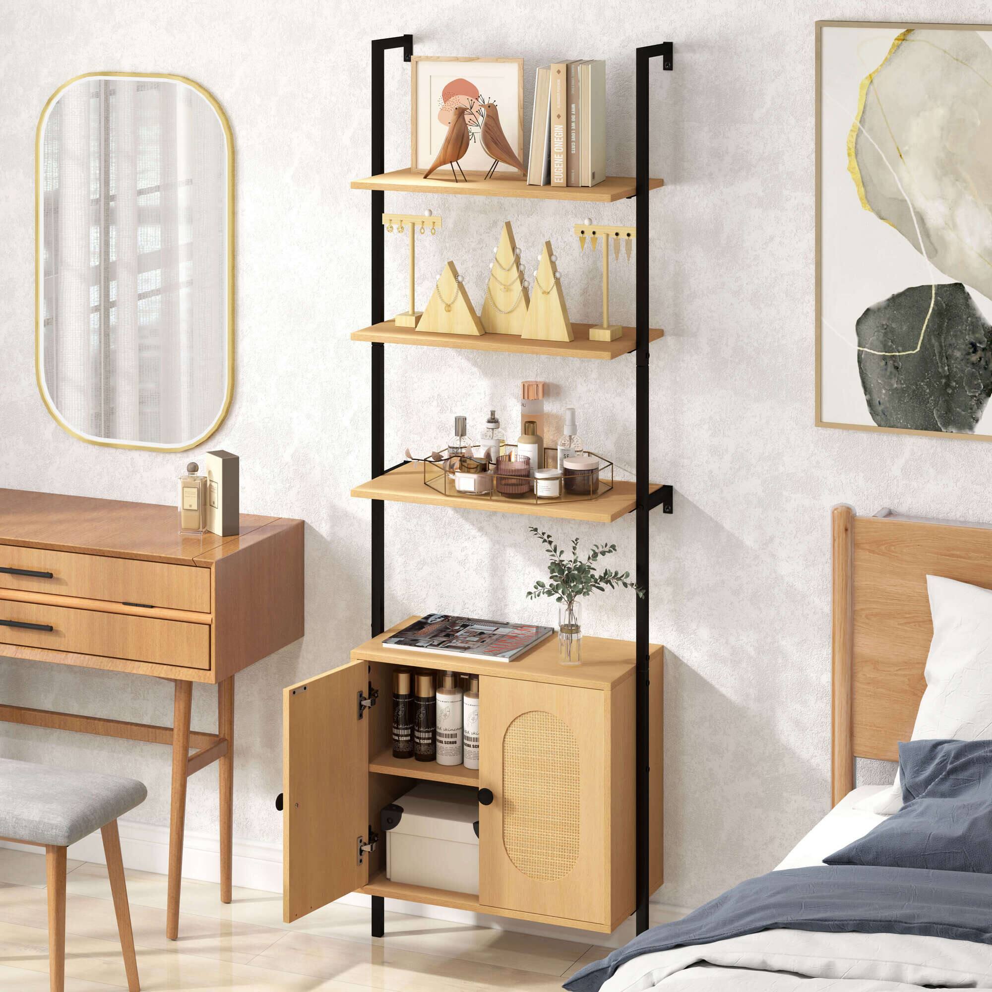 Alt View 1. Costway - Costway 1 PCS Ladder Bookshelf with Rattan Cabinet 71" Tall Wall Mounted Bookcase - Natural.