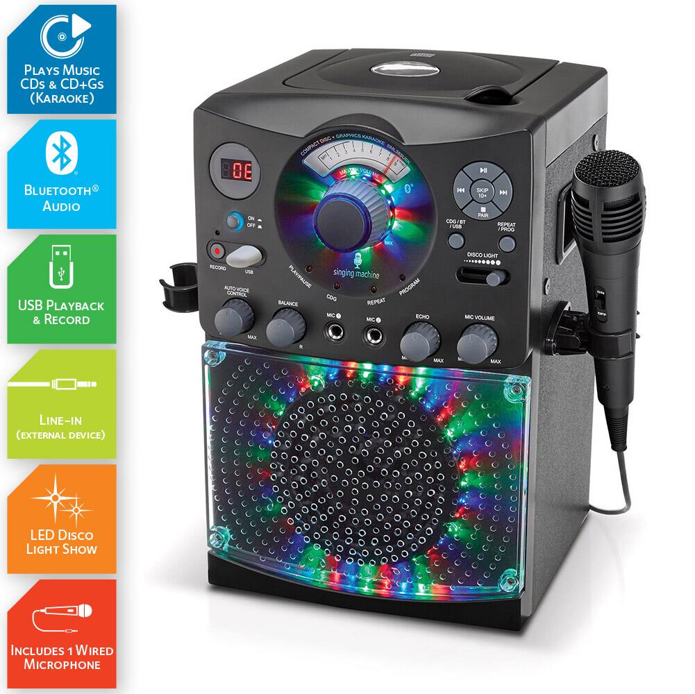 - PLAYS MUSIC CDs & CD+Gs (KARAOKE)
- BLUETOOTH AUDIO
- USB PLAYBACK & RECORD
- LINE-IN (EXTERNAL DEVICE)
- LED DISCO LIGHT SHOW
- INCLUDES 1 WIRED MICROPHONE