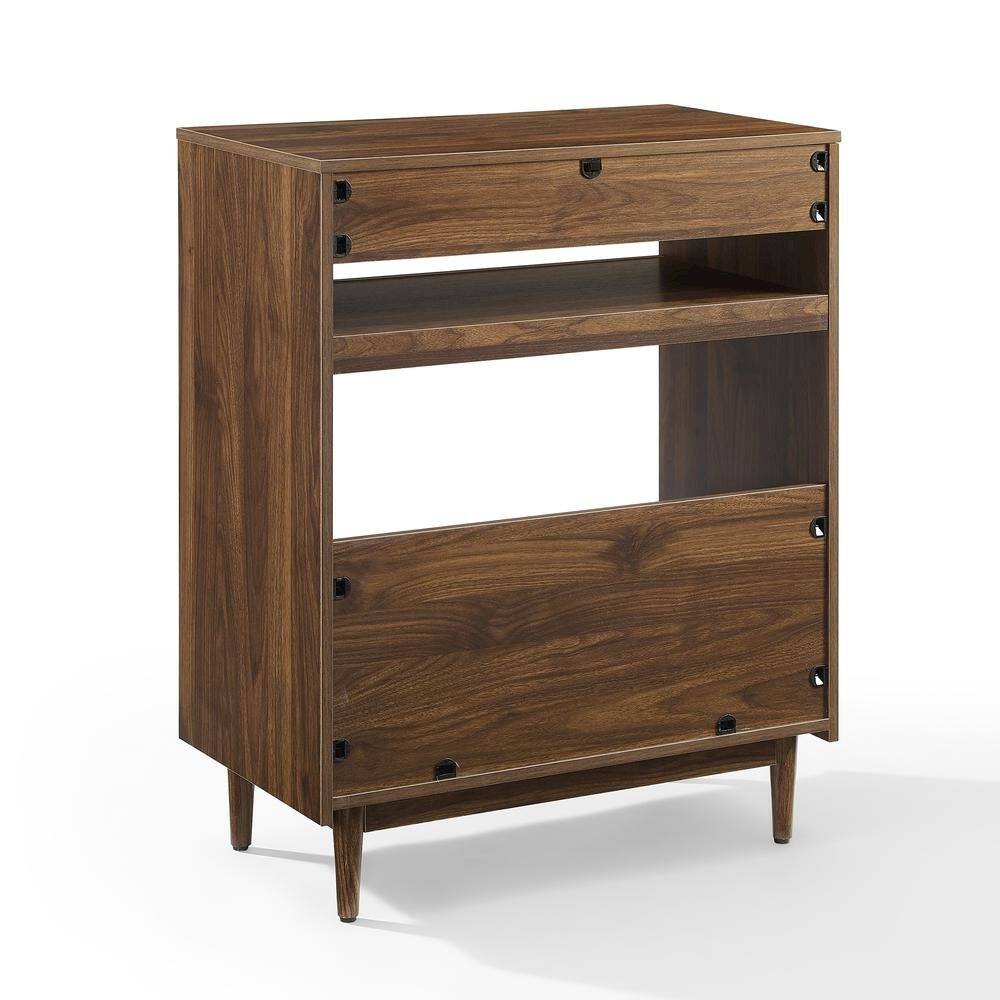 Angle. FurniFact - Wooden record player stand with vinyl storage, compact design for living rooms - Walnut.