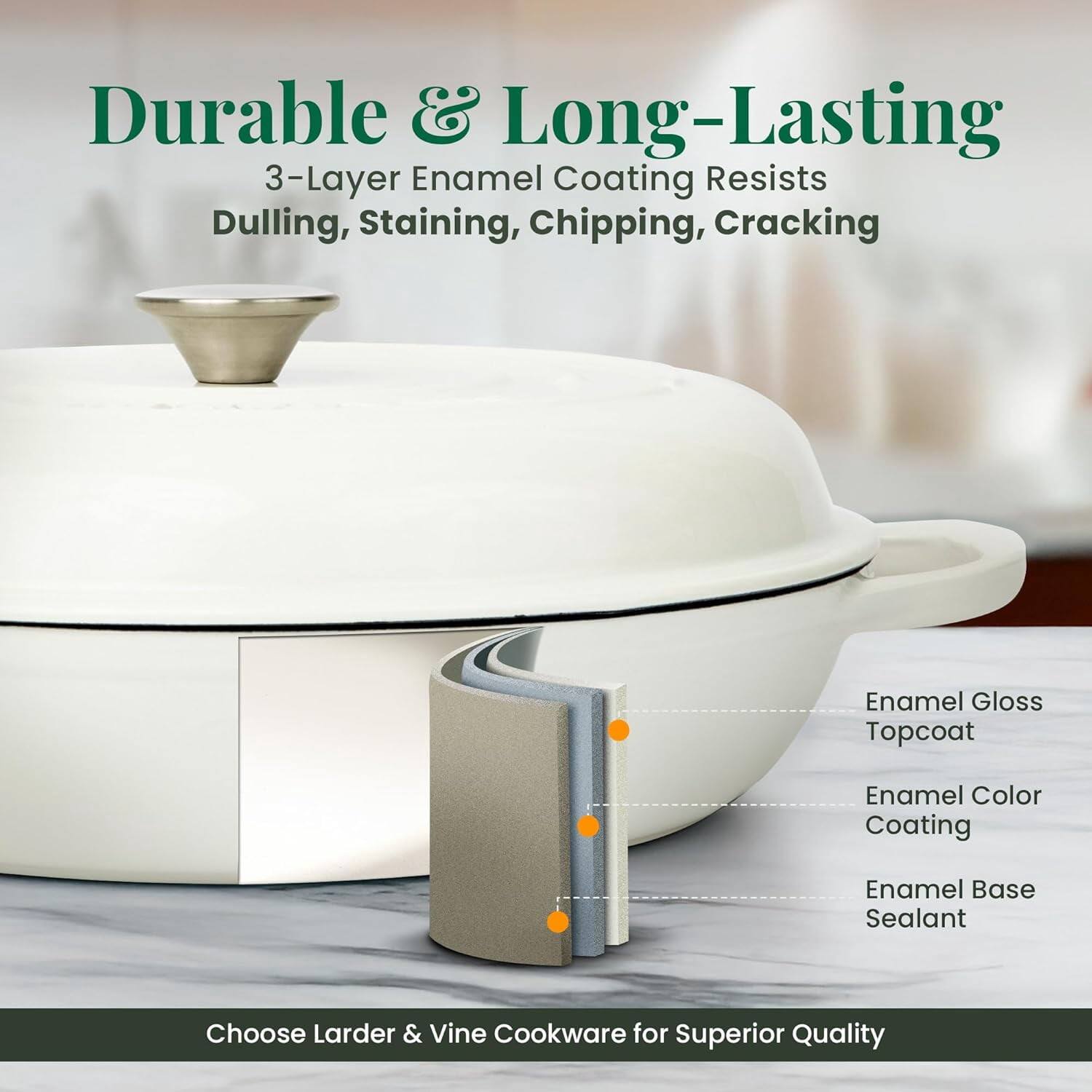 Durable & Long-Lasting  
3-Layer Enamel Coating Resists Dulling, Staining, Chipping, Cracking  
Enamel Gloss Topcoat  
Enamel Color Coating  
Enamel Base Sealant  
Choose Larder & Vine Cookware for Superior Quality