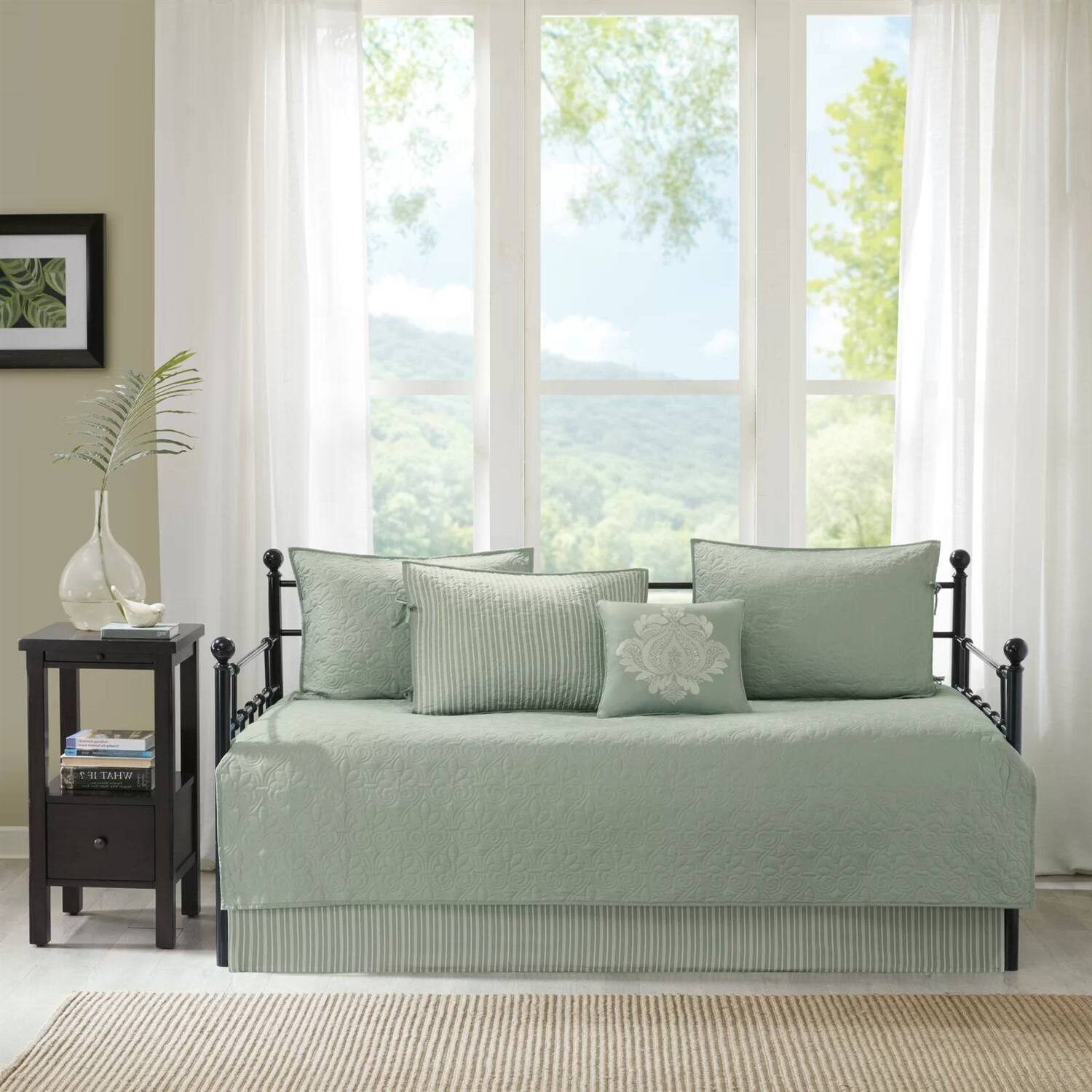 Angle. Hivvago - 6-Piece Country Cottage Quilted Seafoam Green Reversible Daybed Cover Set - Green.
