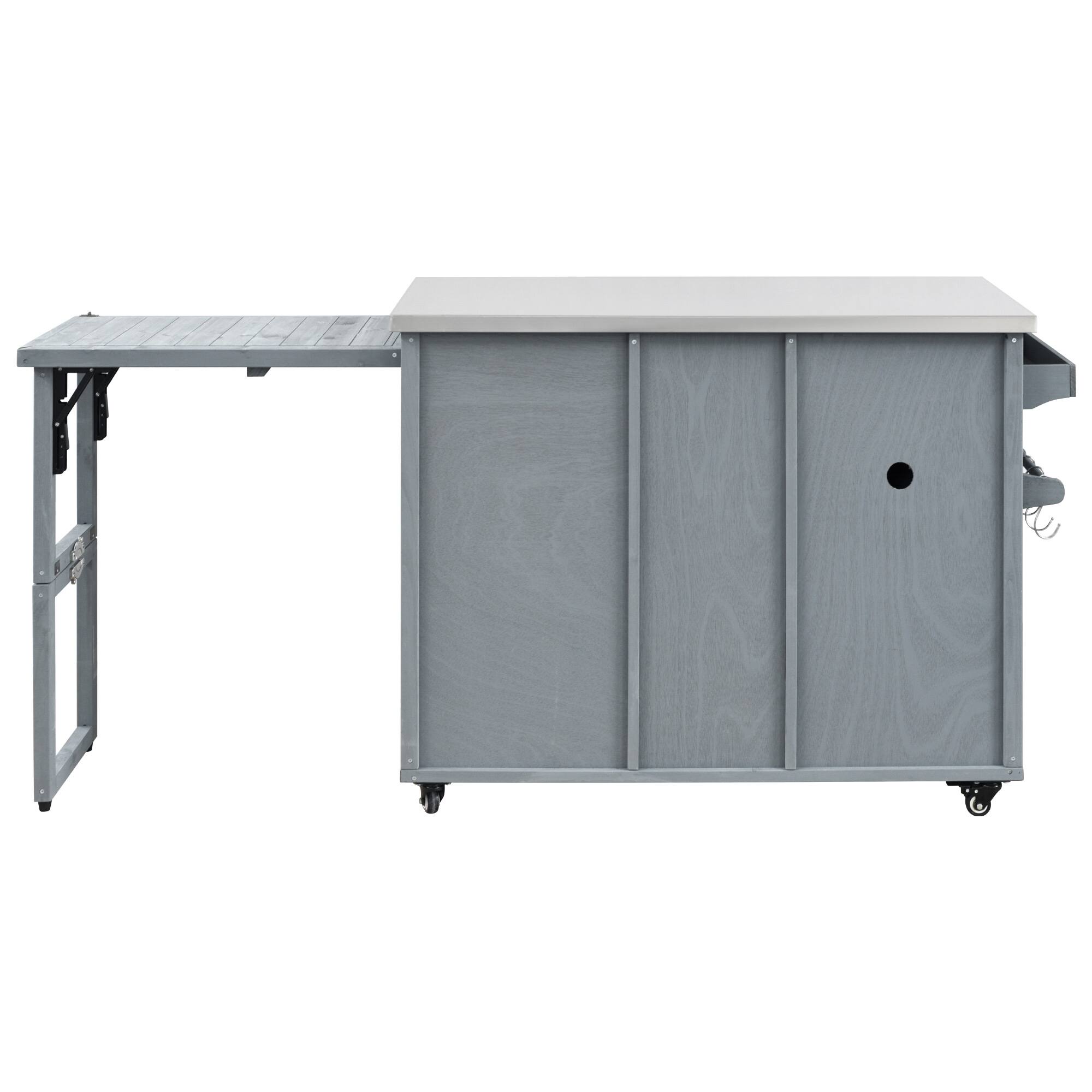 Back. PexFix - 78.3" Outdoor Kitchen Island with Foldable Table, Trash Storage & Stainless Top, Wood Pizza Oven Cart for Lawn & Garden - Gray Blue.