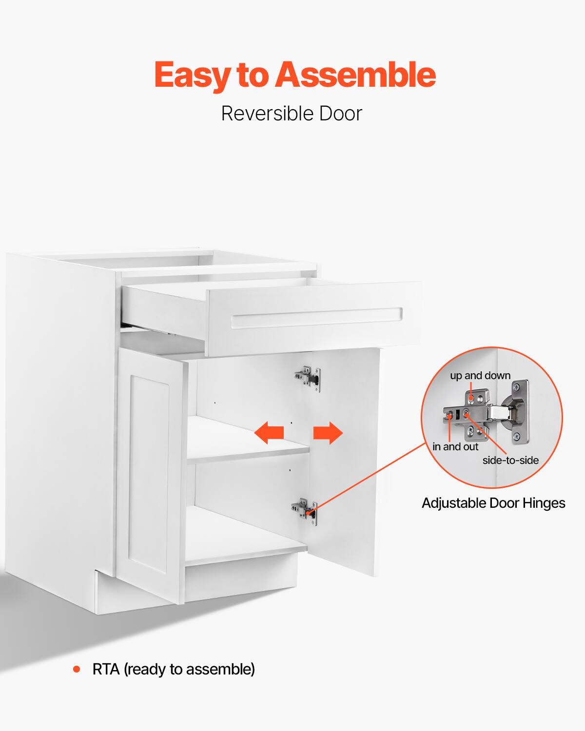 Easy to Assemble  
Reversible Door  

Adjustable Door Hinges  
up and down  
in and out  
side-to-side  

RTA (ready to assemble)