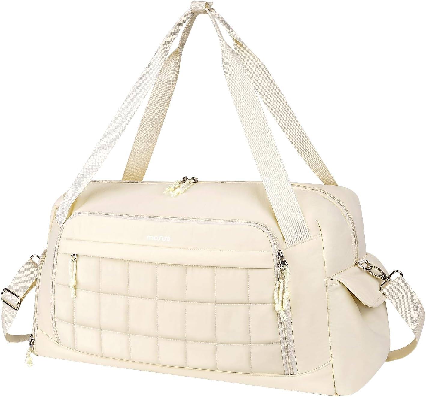 Front. mosiso - Gym Bag for Women, Travel Weekender Carry-On Duffle Bag with Shoe Compartment, Wet Pocket for Fitness Yoga Weekend - Beige.