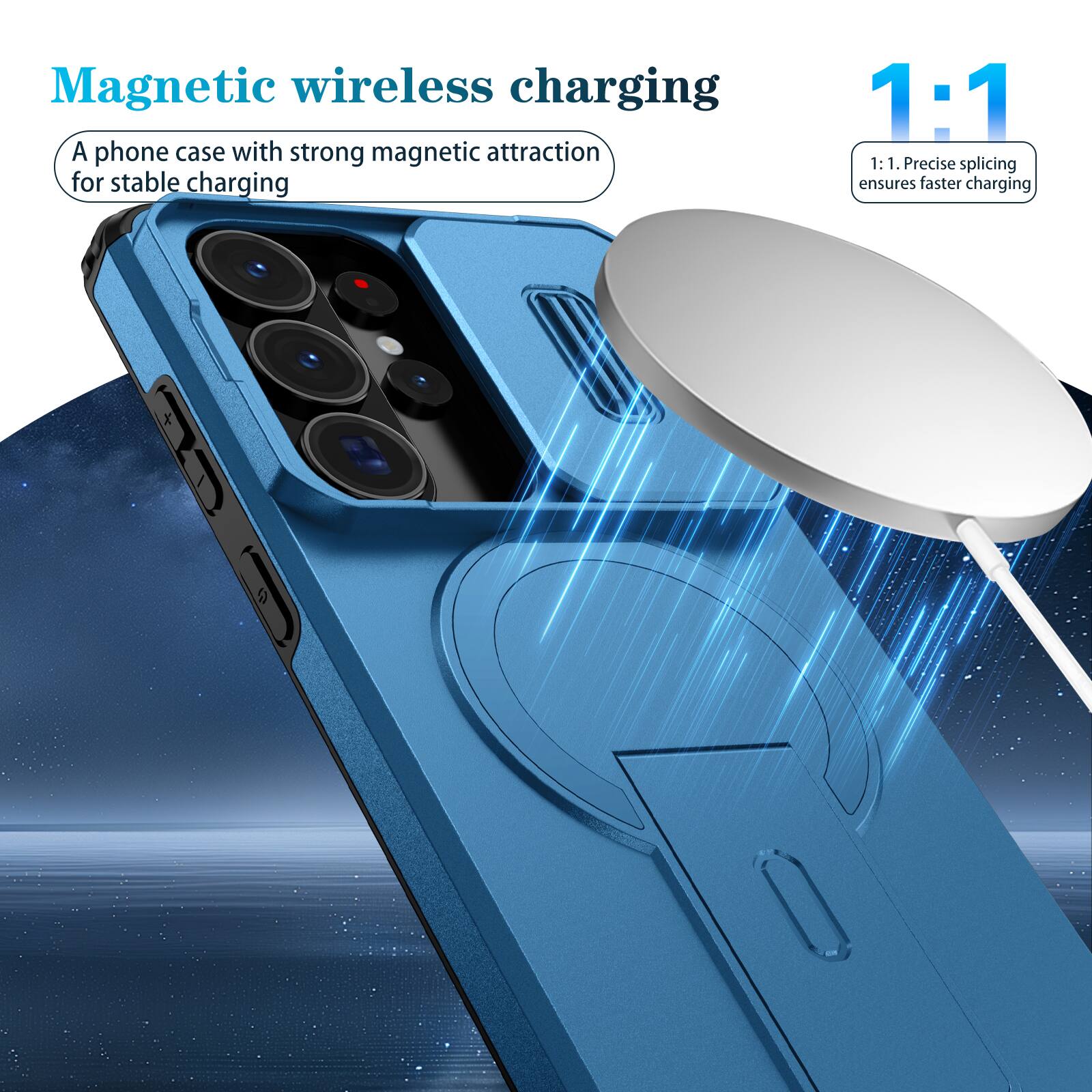 Magnetic wireless charging

A phone case with strong magnetic attraction for stable charging

1:1

1:1. Precise splicing ensures faster charging