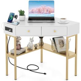 Ecooso - Corner Computer Desk with 2 Large Drawers, Space-Saving Workstation for Home Office - Golden