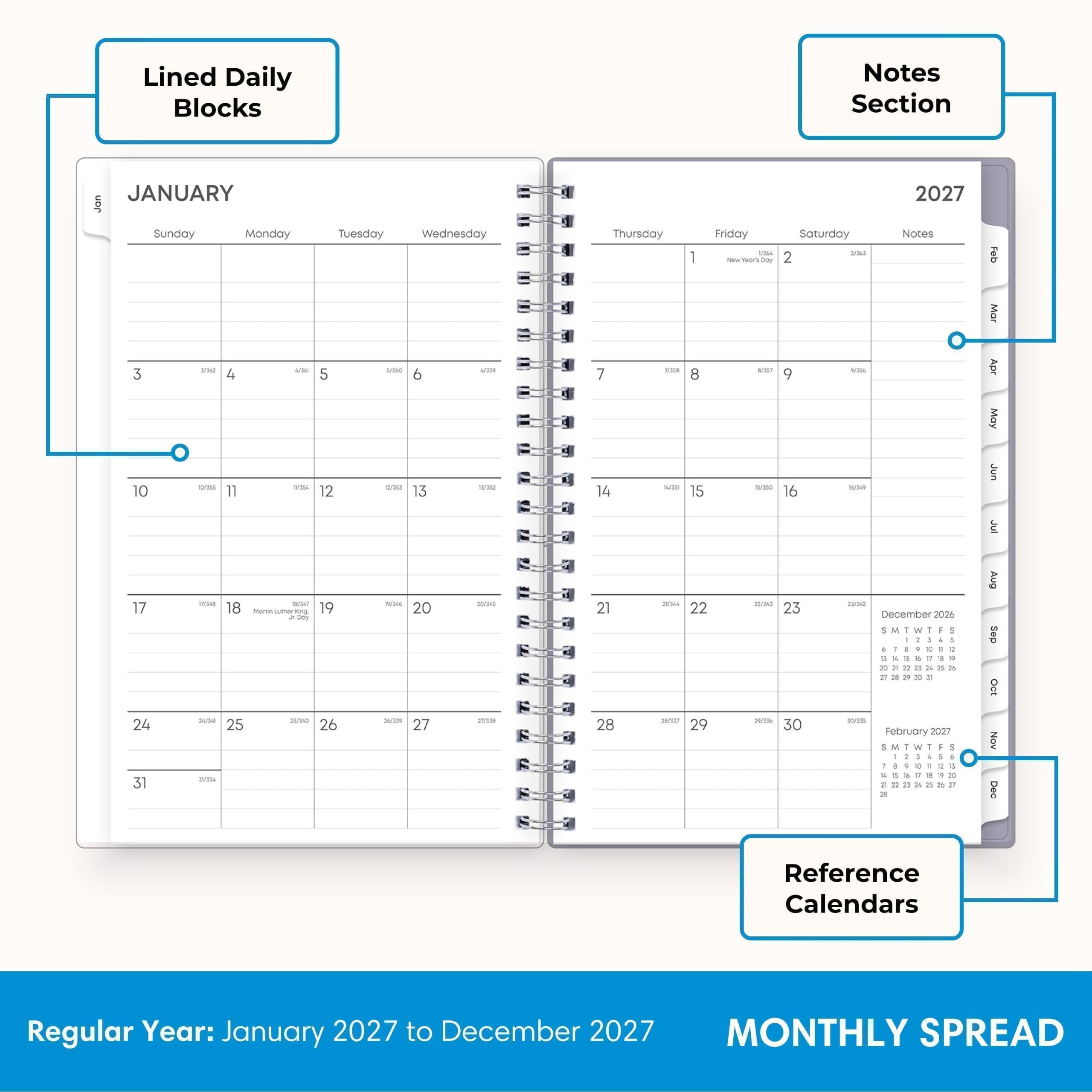 Lined Daily Blocks  
Notes Section  
JANUARY  
Sunday Monday Tuesday Wednesday Thursday Friday Saturday  
3 4 5 6 7 8 9  
10 11 12 13 14 15 16  
17 18 19 20 21 22 23  
24 25 26 27 28 29 30 31  

2027  
Thursday Friday Saturday Notes  
1 2  
7 8 9  
14 15 16  
21 22 23  
28 29 30  

December 2026  
S M T W T F S  
1 2 3 4 5 6 7  
8 9 10 11 12 13 14  
15 16 17 18 19 20 21  
22 23 24 25 26 27 28  
29 30 31  

February 2027  
S M