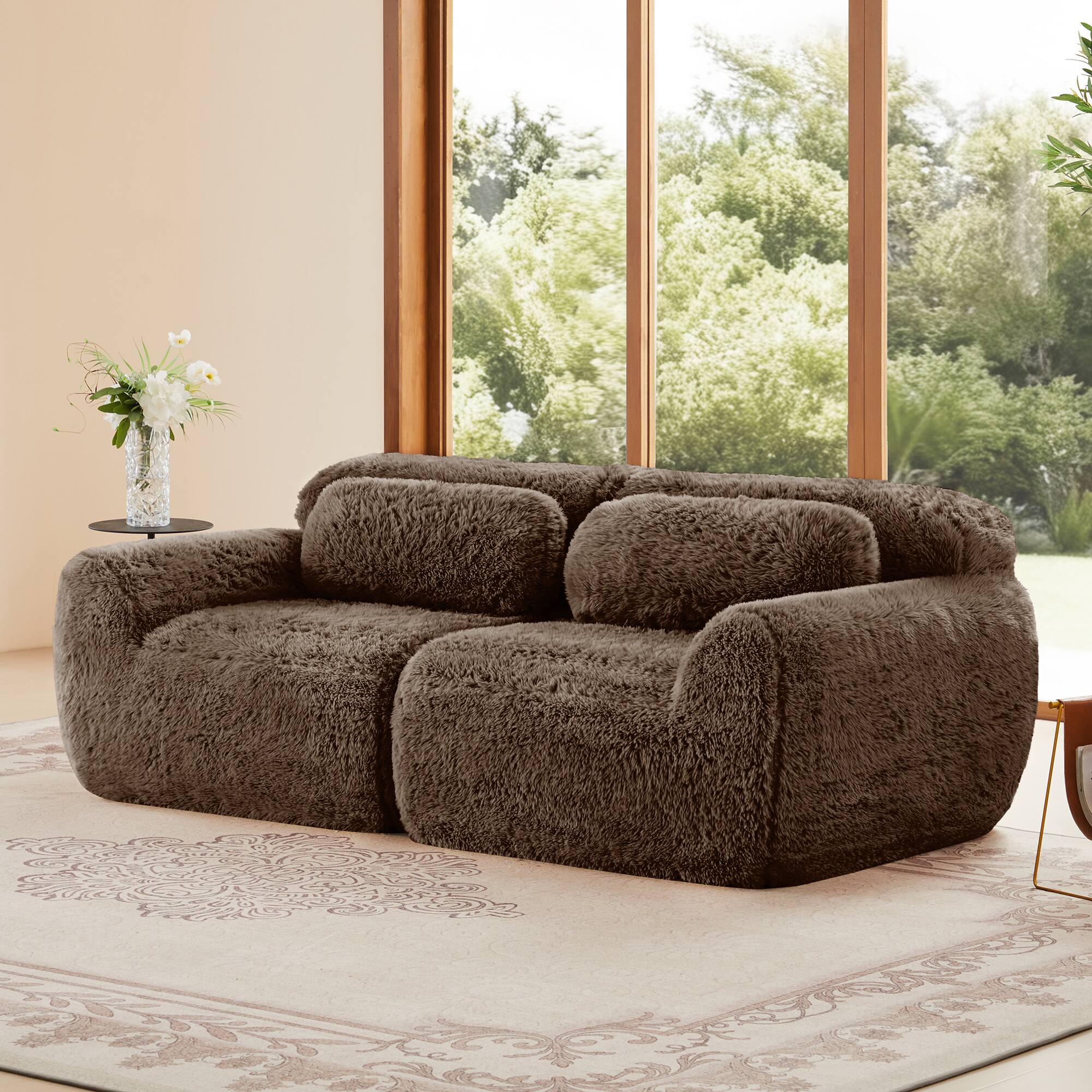 Front. Aukfa - 2-Seater Modular Sectional Sofa - Soft Fluffy Plush Fabric, 32D High Density Sponge, No Assembly Required - Chocolate.