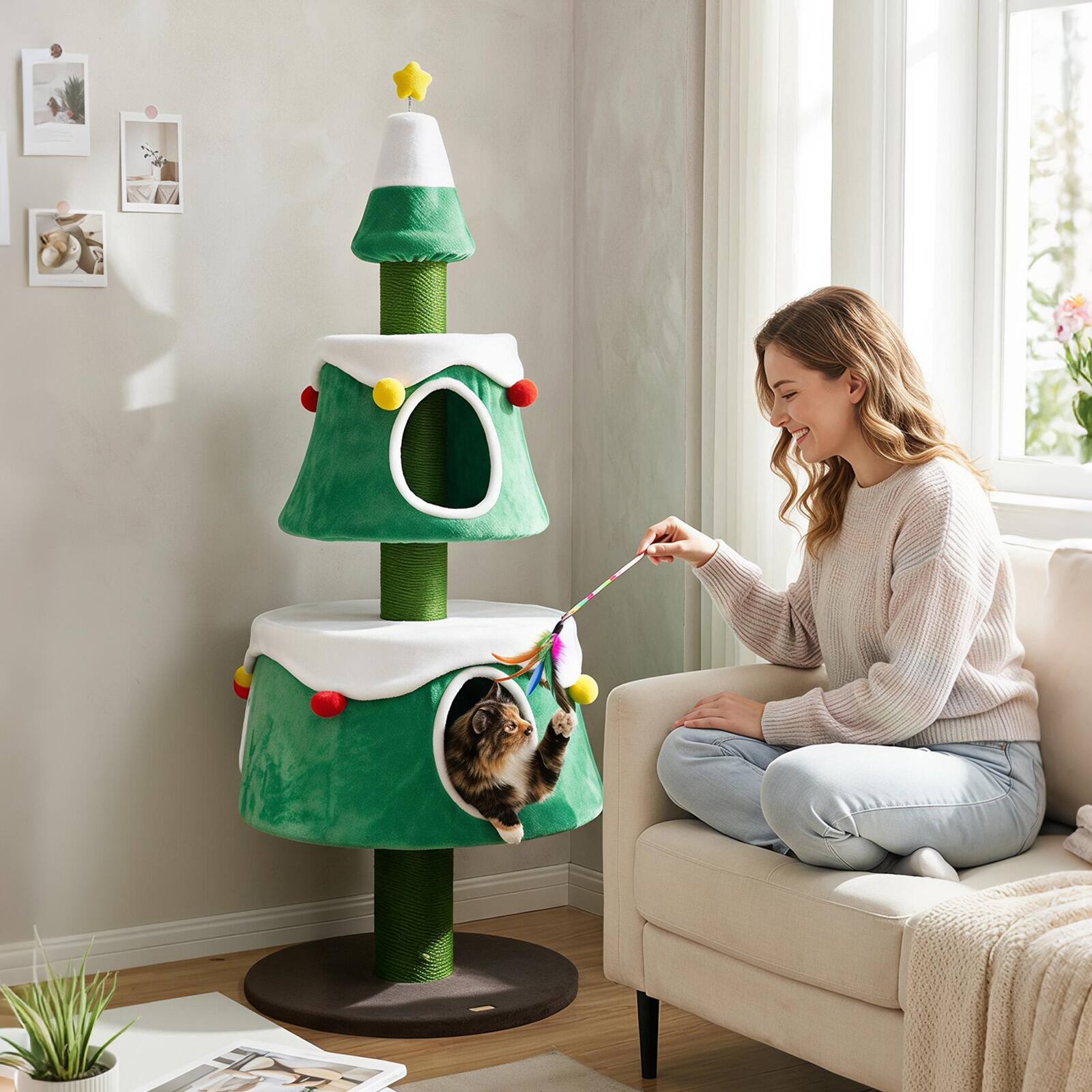Alt View 4. Costway - Costway 61.5" Cat Christmas Tree with 2 Large Condos, Natural Jute Scratching Posts - Green + White + Brown.