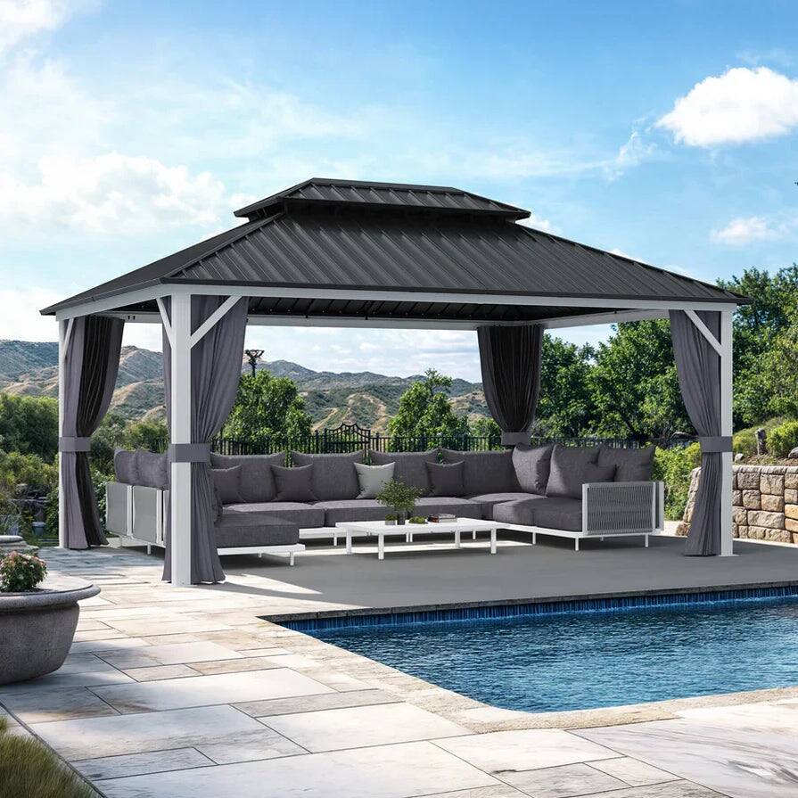 PURPLE LEAF - 12 X 16 FT Outdoor Aluminum White Hardtop Gazebo with Galvanized Steel Double Roof with Netting and Curtains - 12' X 16'