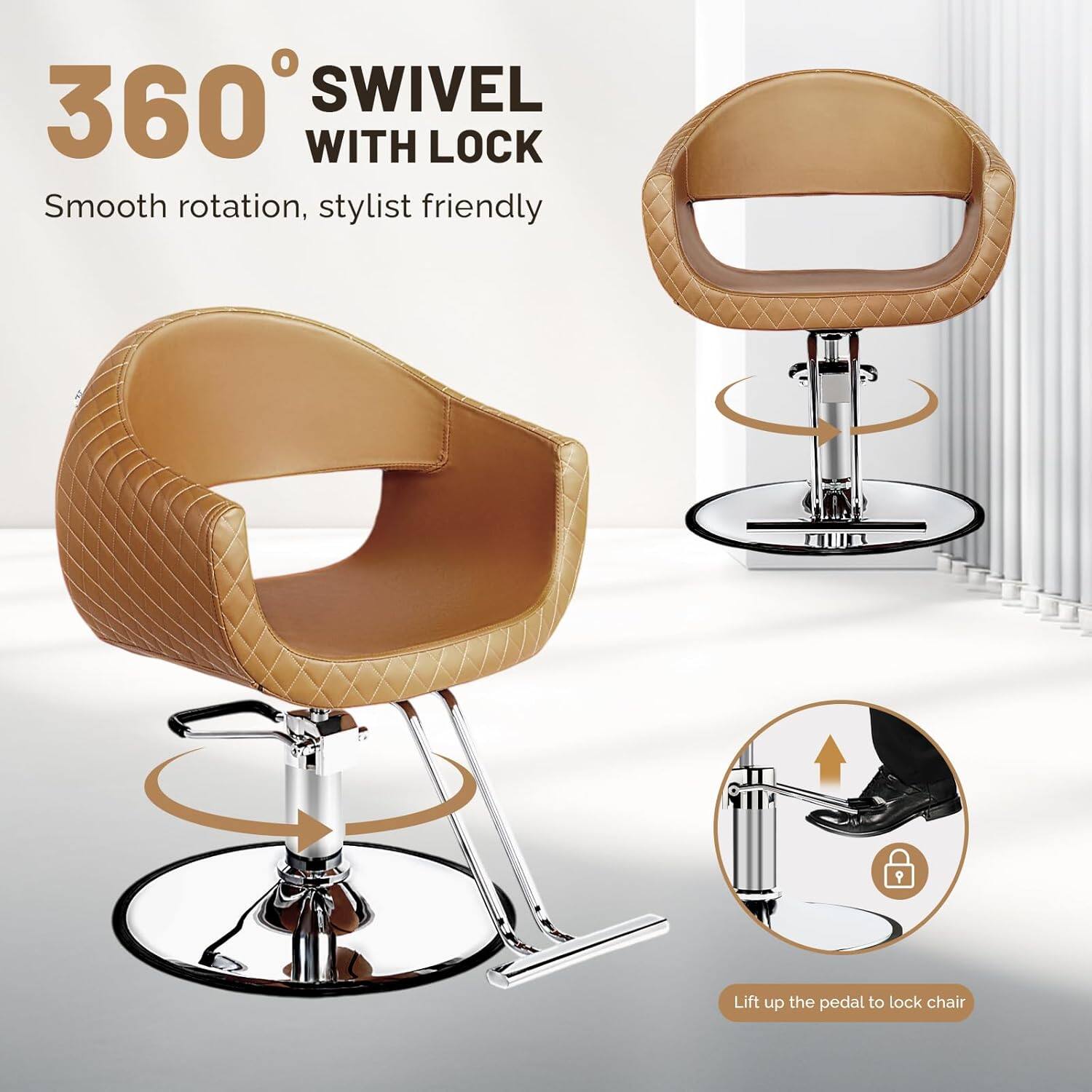360° SWIVEL WITH LOCK  
Smooth rotation, stylist friendly  

Lift up the pedal to lock chair