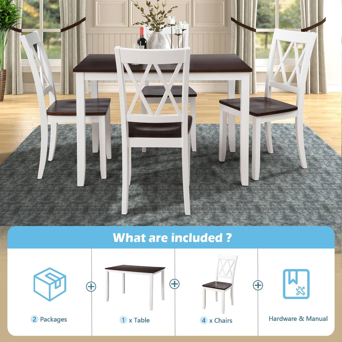 What are included?

2 Packages
1 x Table
4 x Chairs
Hardware & Manual