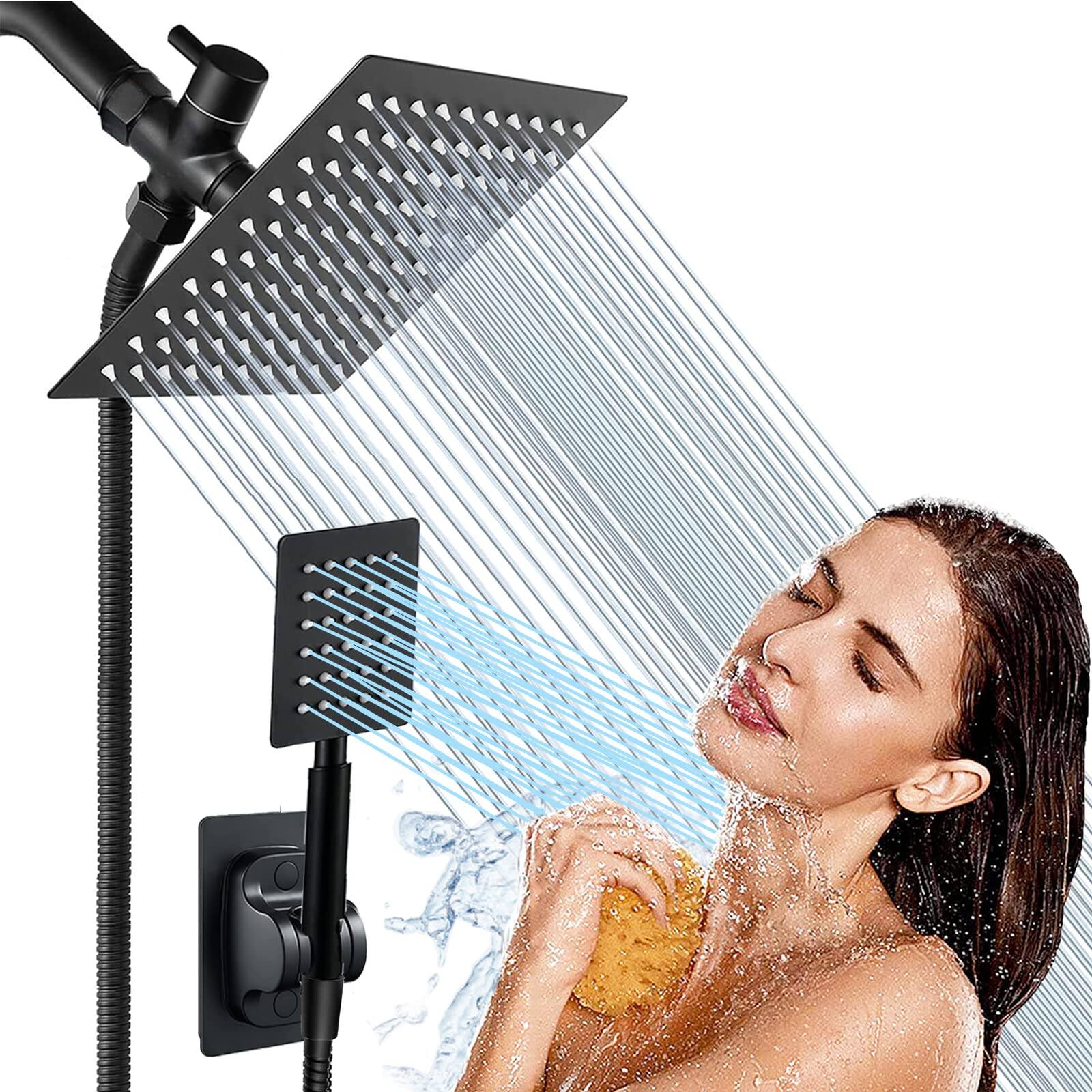 Paradigms Interiors - High Square Rain Shower Head Combo Equipped With All Metal Hand Extra Long Hose 3 way Diverter Adhesive Hol - Square#Matte Black-6'' Showerhead Set