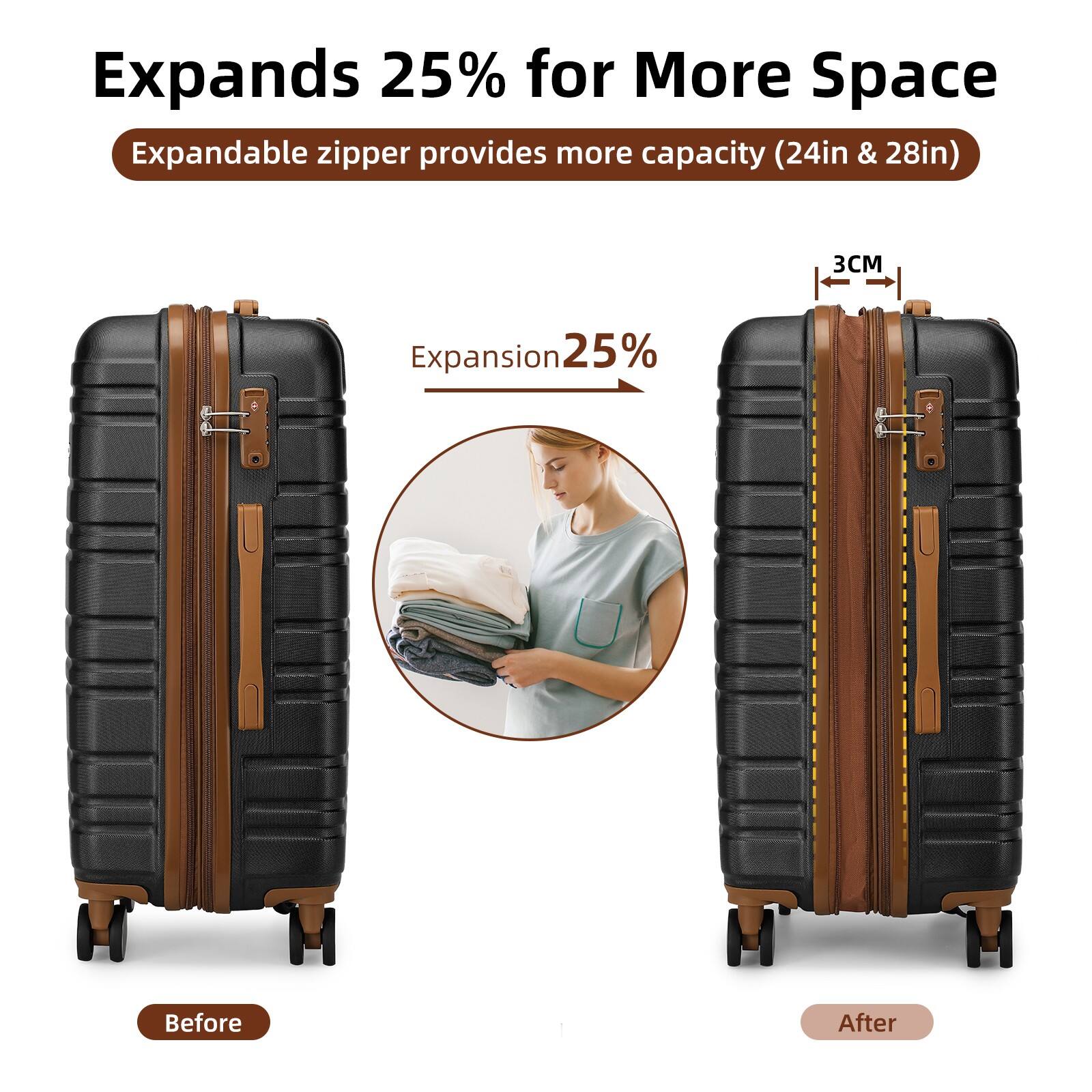 Expands 25% for More Space  
Expandable zipper provides more capacity (24in & 28in)  

Before  
After  

Expansion 25%  
3CM