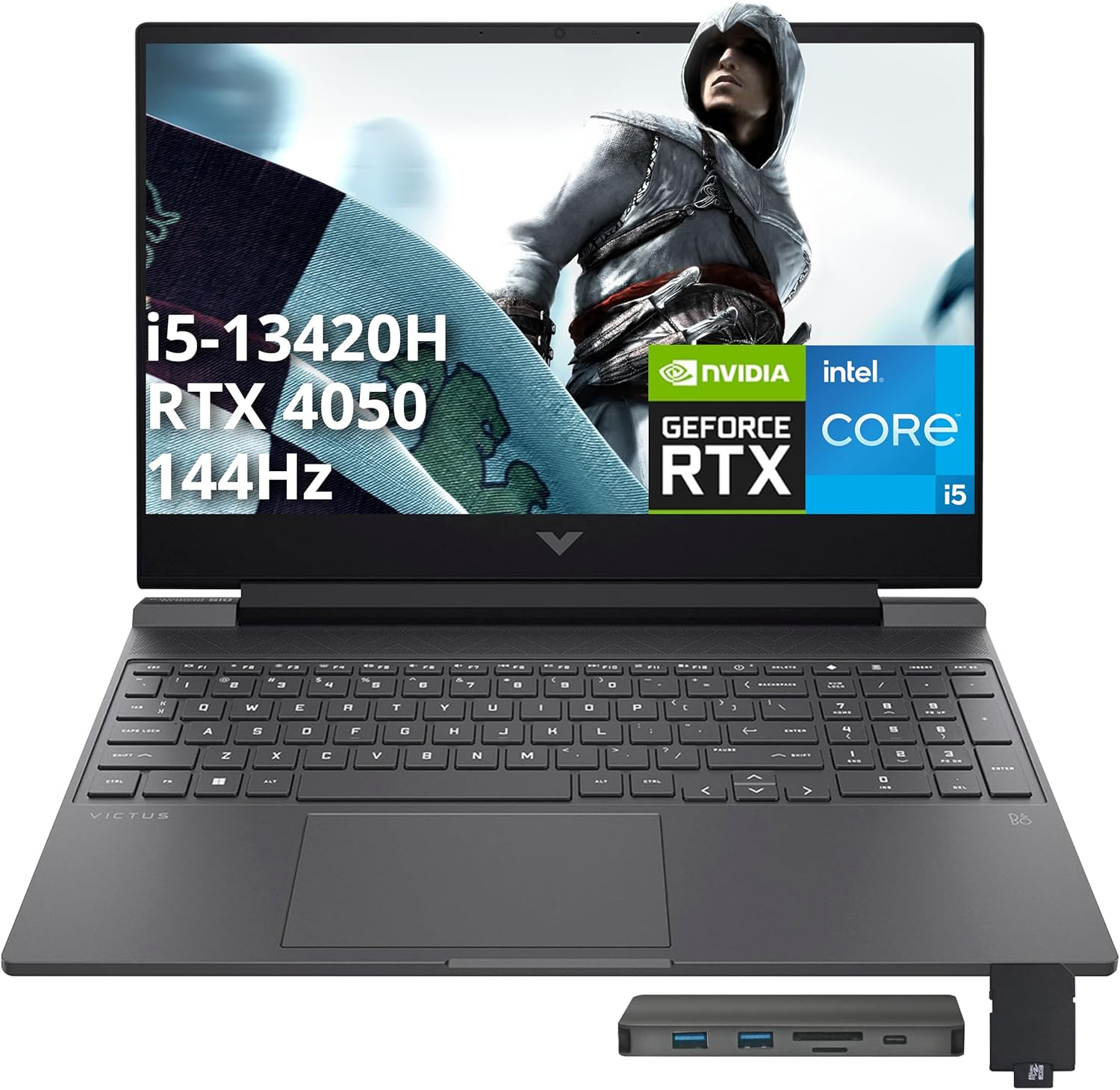 HP - Victus 15.6" 144Hz Gaming Laptop,Intel i5-13420H,32GB RAM,2TB PCIe SSD,GeForce RTX 4050,Win 11,256GB Dock Set - Mica Silver