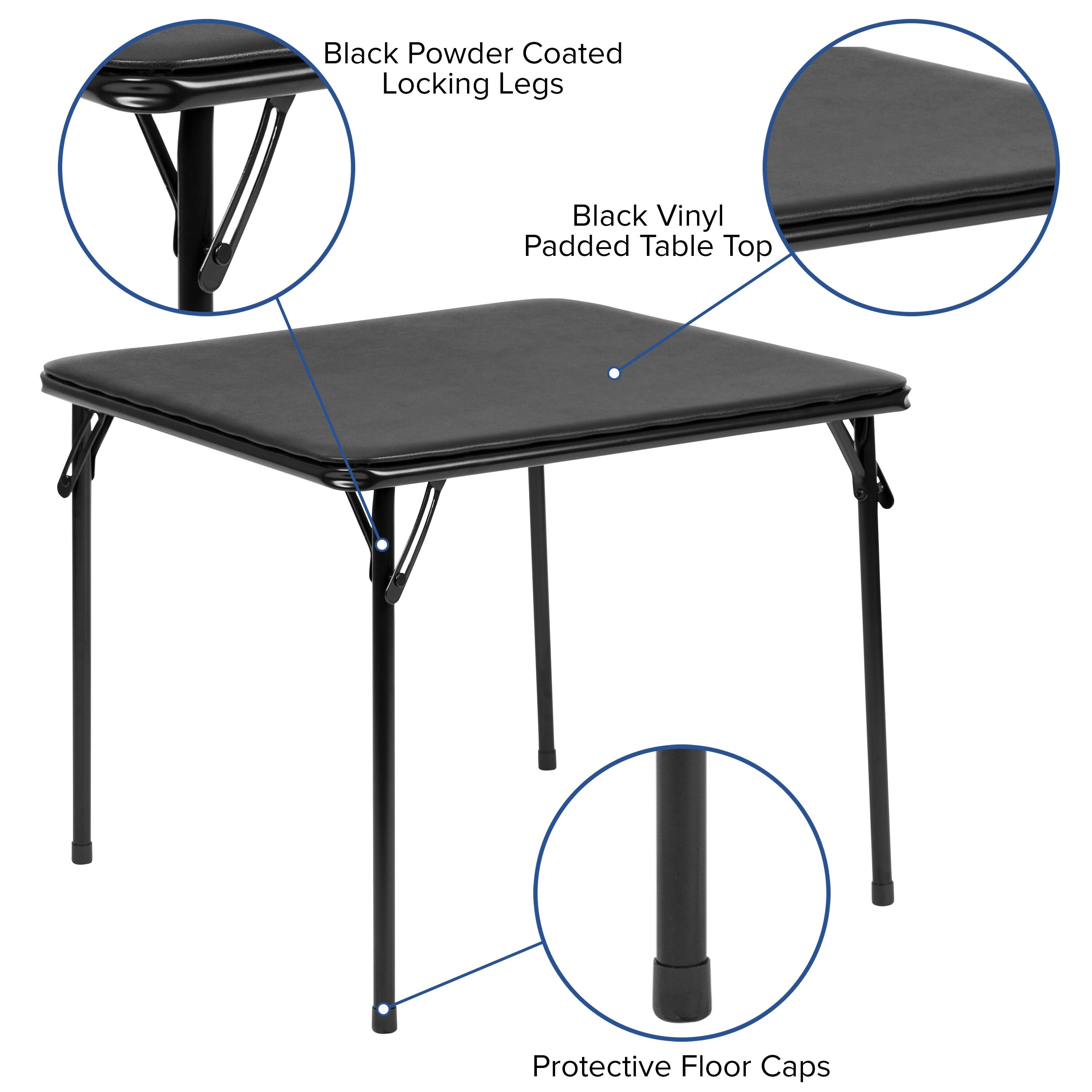 Black Powder Coated Locking Legs  
Black Vinyl Padded Table Top  
Protective Floor Caps