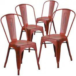 Emma + Oliver - Commercial Grade 4 Pack Distressed Metal Indoor-Outdoor Stackable Chair - Kelly Red