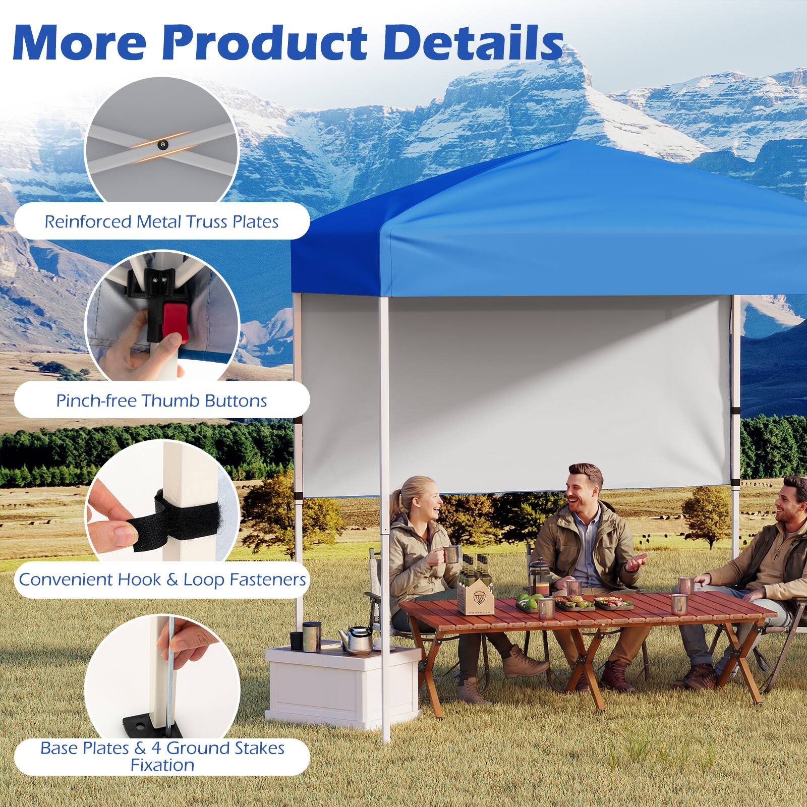More Product Details

- Reinforced Metal Truss Plates
- Pinch-free Thumb Buttons
- Convenient Hook & Loop Fasteners
- Base Plates & 4 Ground Stakes Fixation