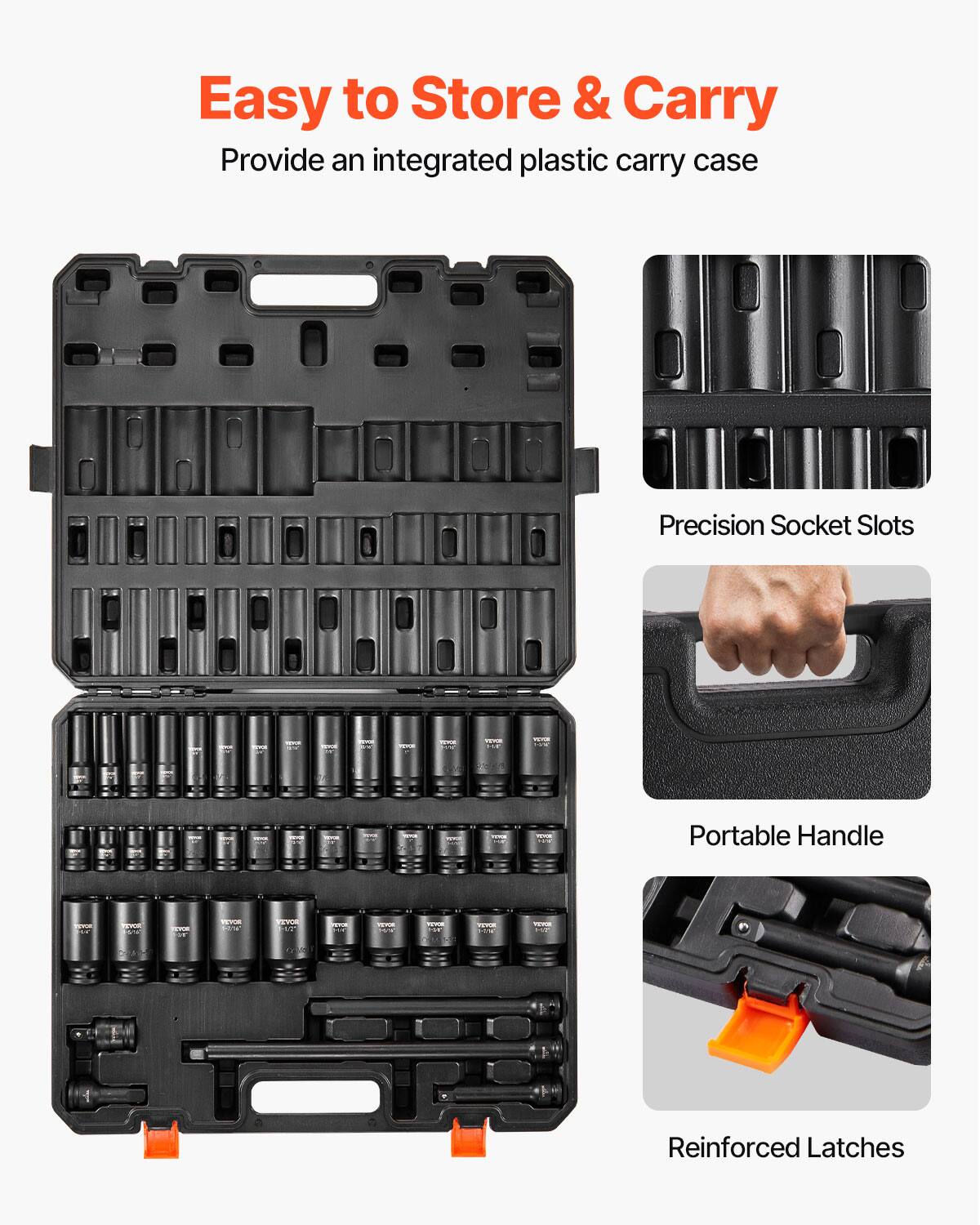 Easy to Store & Carry
Provide an integrated plastic carry case
Precision Socket Slots
Portable Handle
Reinforced Latches