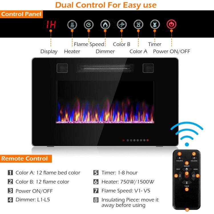 Dual Control For Easy Use

Control Panel:
- IH
- Flame Speed
- Color
- Timer
- Display
- Heater
- Dimmer
- Power ON/OFF

Remote Control:
1. Color A: 12 flame bed color
2. Color B: 12 flame color
3. Power ON/OFF
4. Dimmer: L1-L5
5. Timer: 1-8 hours
6. Heater: 750W/1500W
7. Flame Speed: V1-V5
8. Insulating Piece: Move it away before using