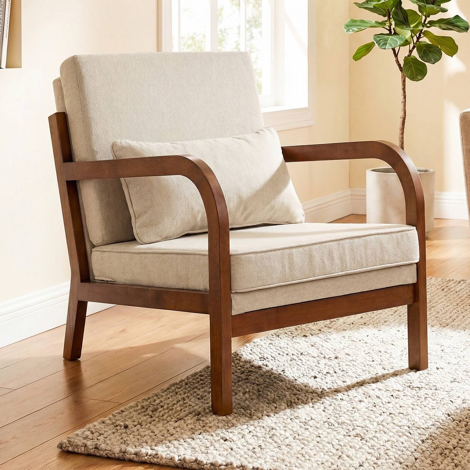 Alt View 1. Gymax - Gymax Accent Chair Linen Fabric Upholstered Armchair w/Lumbar Pillow Removable Back Beige - Beige.