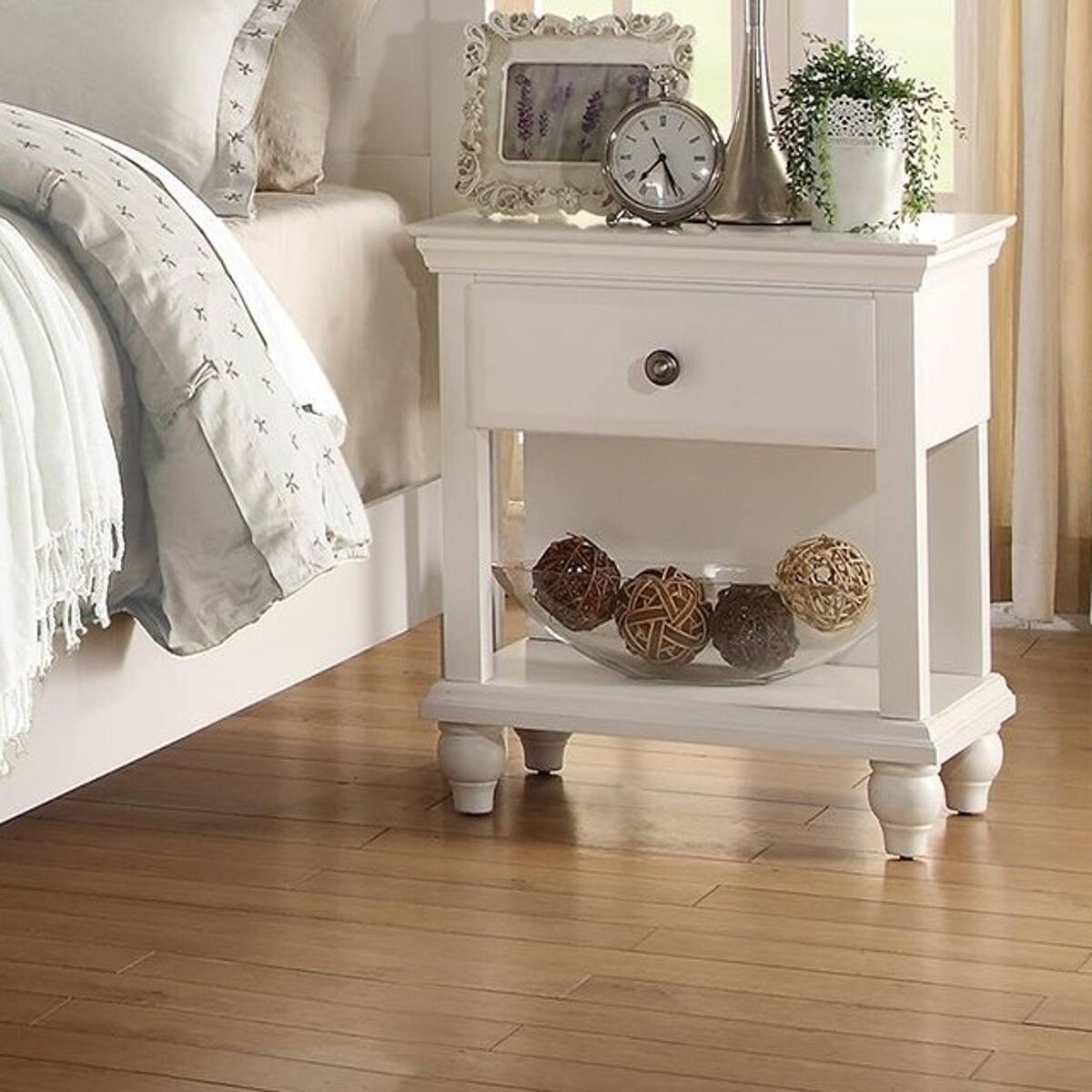 Alt View 1. Loheer - Loheer White Bedroom Nightstand with One Drawer and Open Shelf, 26 Inch Tall Wooden Bedside Table - White.