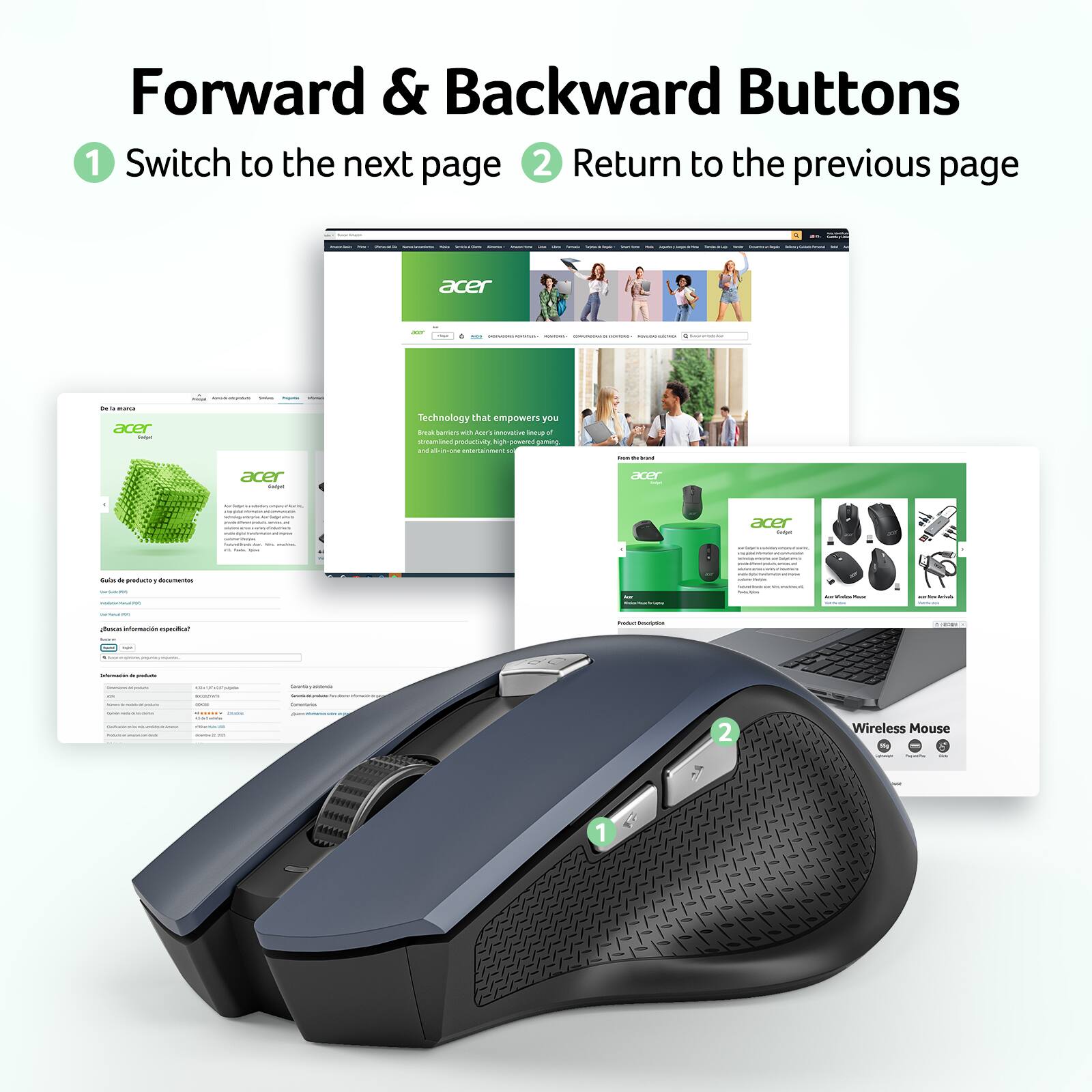 Forward & Backward Buttons

1. Switch to the next page
2. Return to the previous page

Wireless Mouse

1.