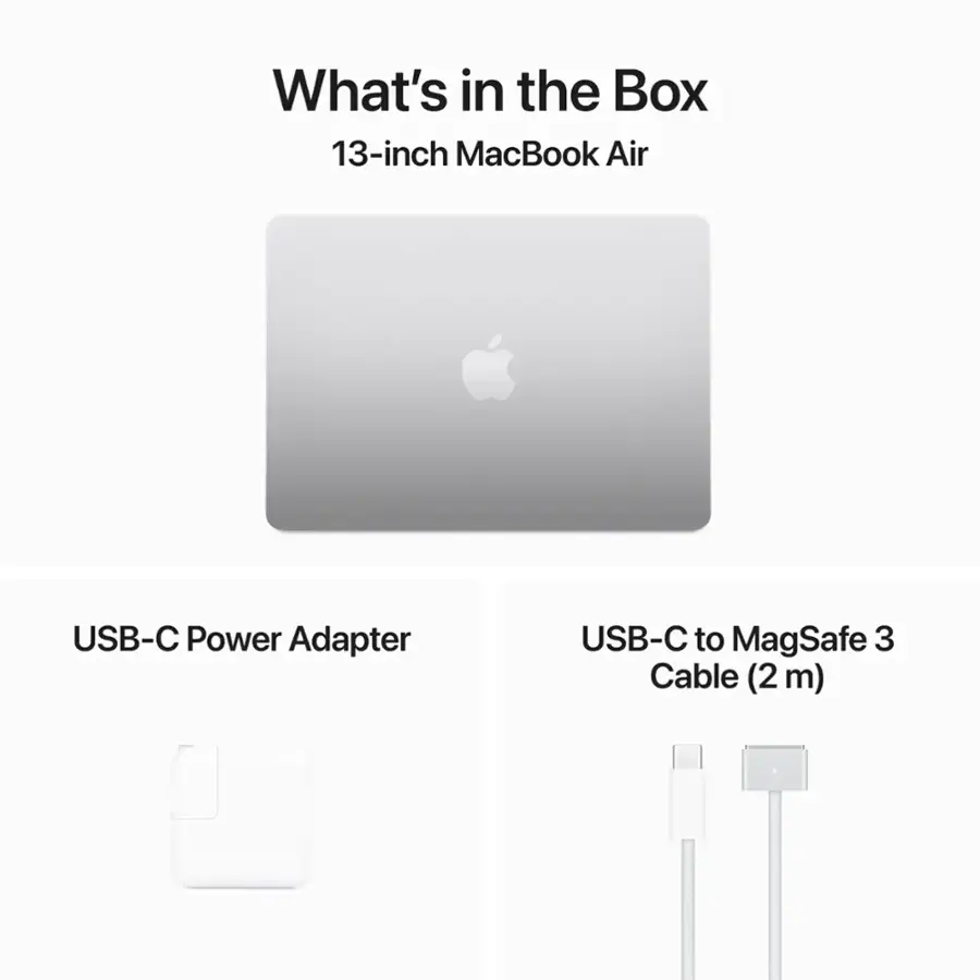 What's in the Box: 13-inch MacBook Air, USB-C Power Adapter, USB-C to MagSafe 3 Cable (2 m)
