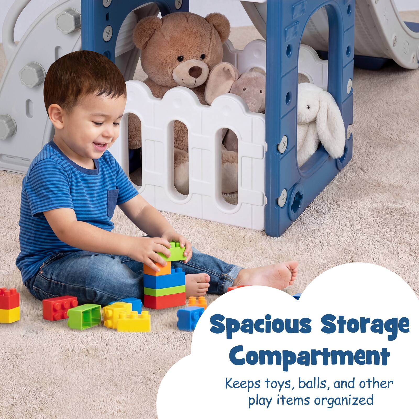Spacious Storage Compartment  
Keeps toys, balls, and other play items organized