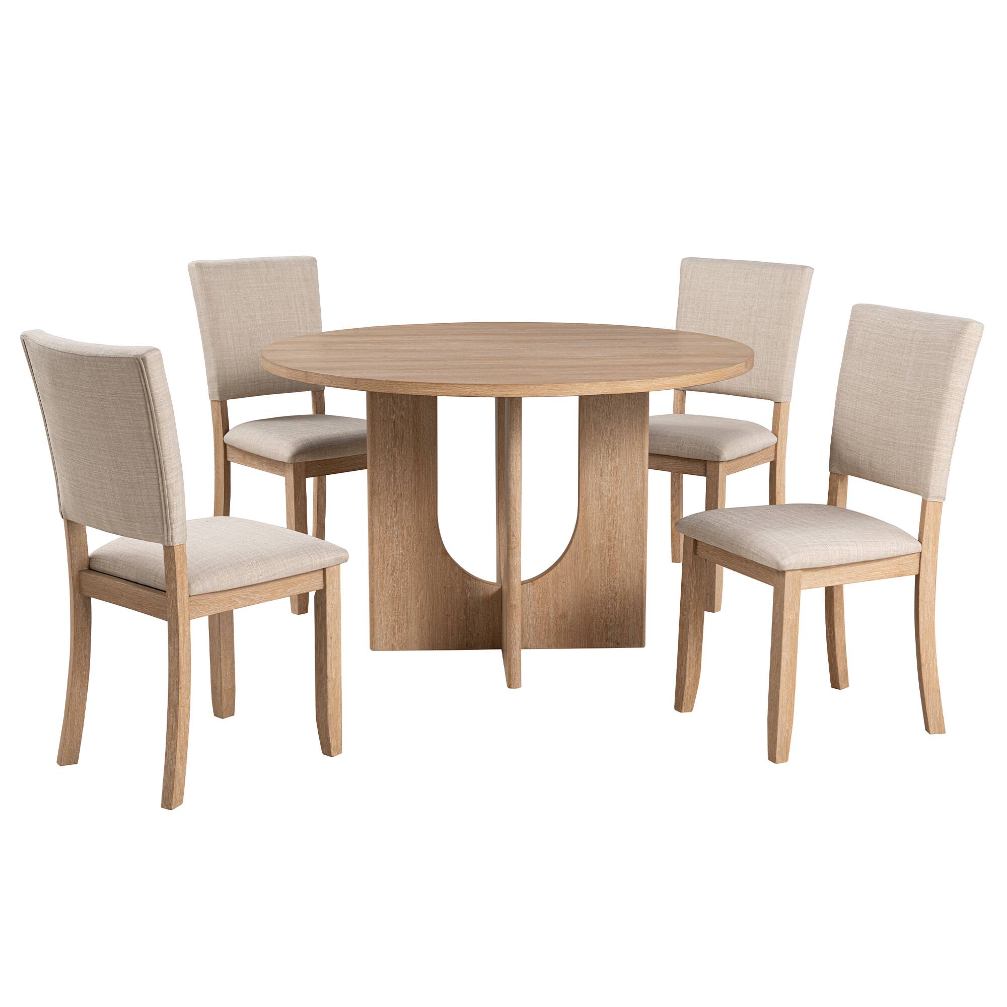 Alt View 1. Parrot Uncle - 47" Round Dining Table with 4 Slat Back Chairs, Rubberwood and Engineered Wood, Suitable for Kitchen or Dining Room - Natural.