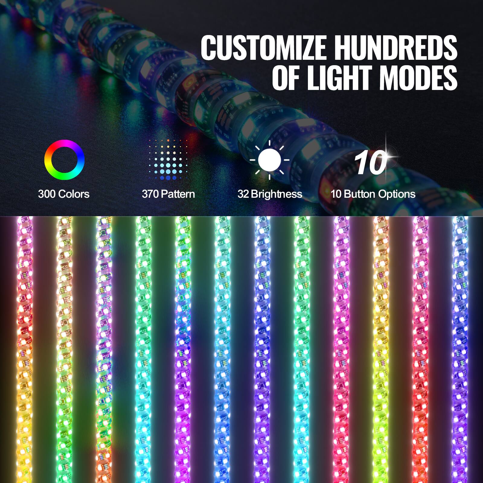 CUSTOMIZE HUNDREDS OF LIGHT MODES

300 Colors  
370 Pattern  
32 Brightness  
10 Button Options