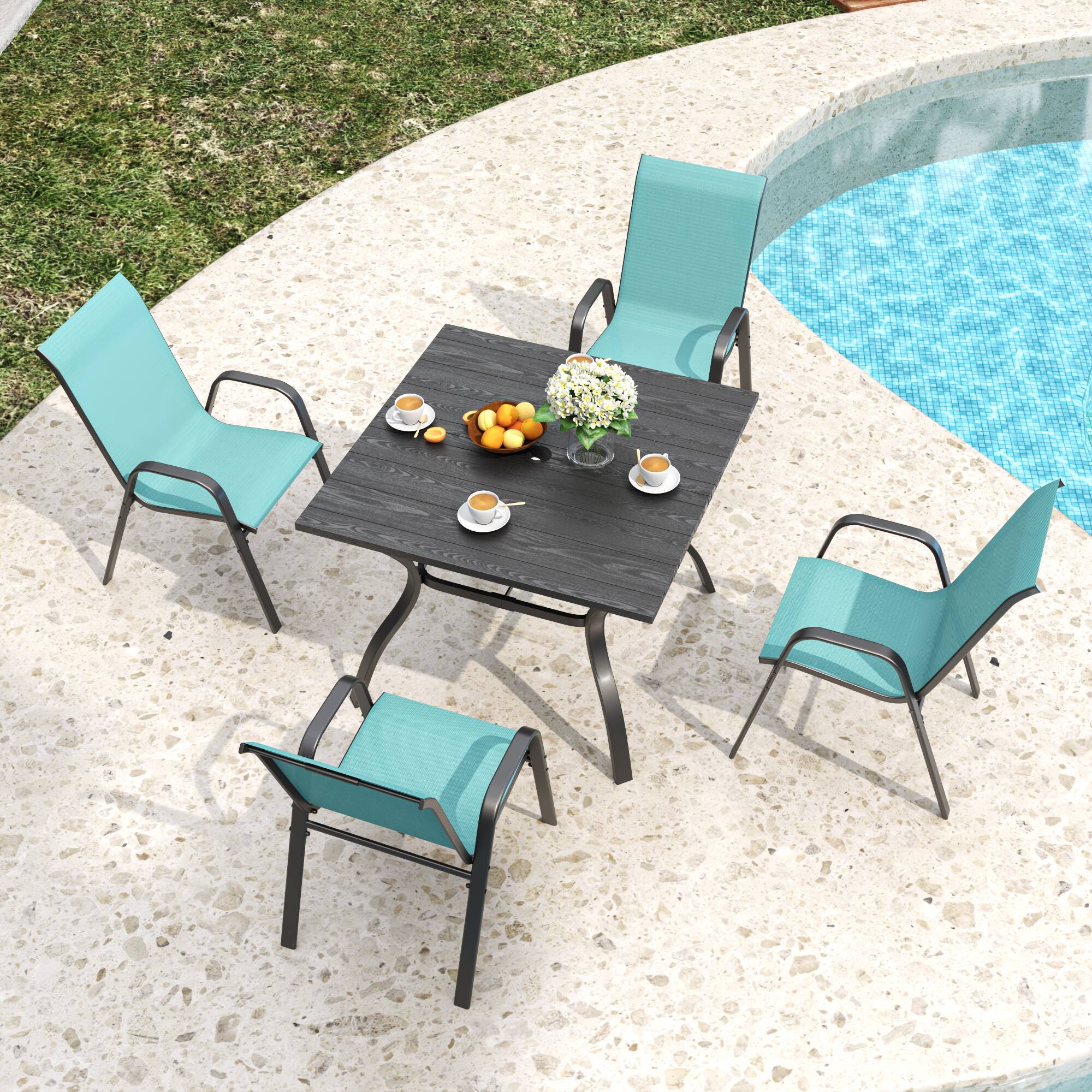 Left. Mondawe - 4-Piece Outdoor Dining Chairs Set, Teslin Fabric and Metal Frame - Black+Sky Blue.